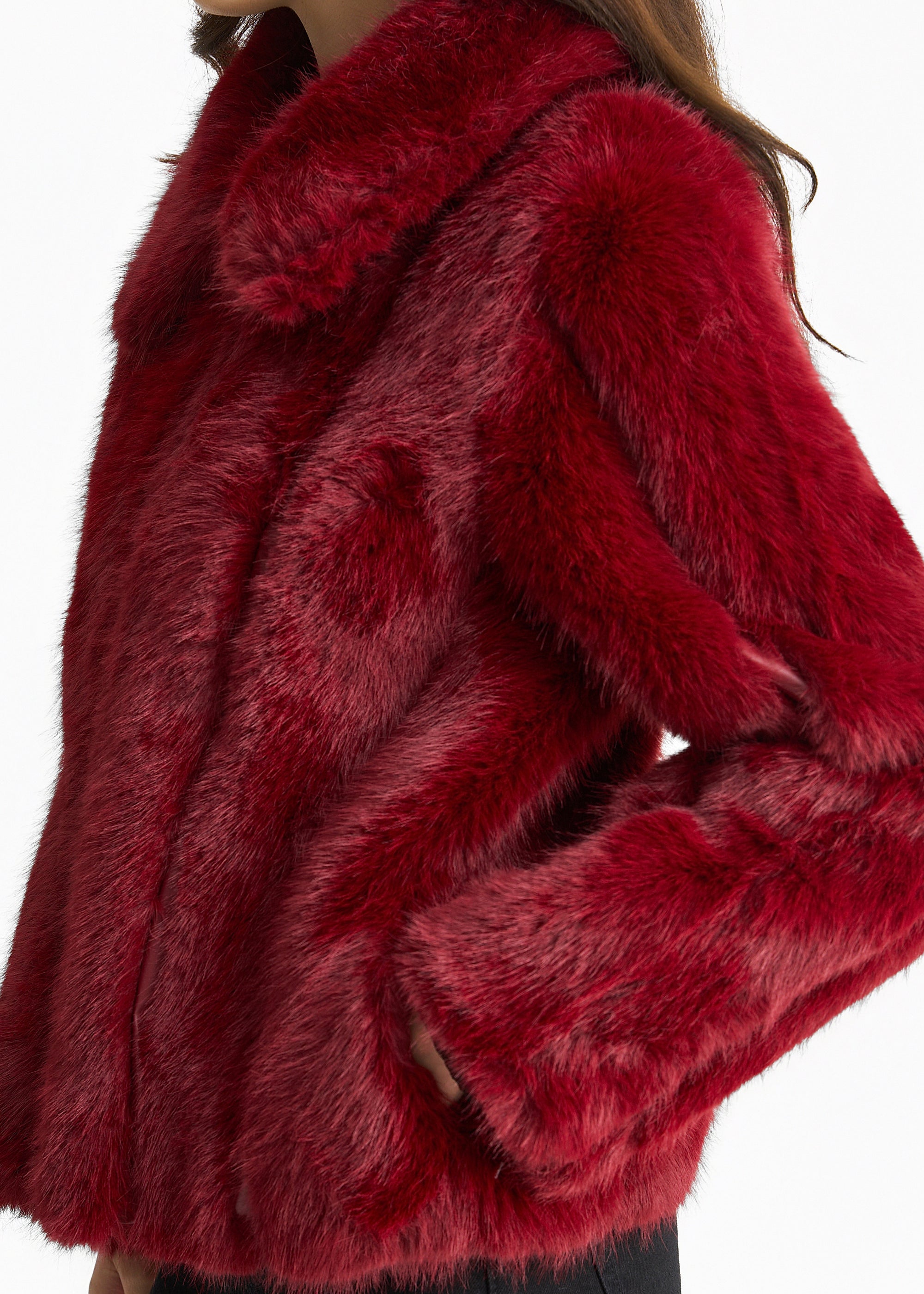 Burgundy Zip Front Faux Fur Short Jacket