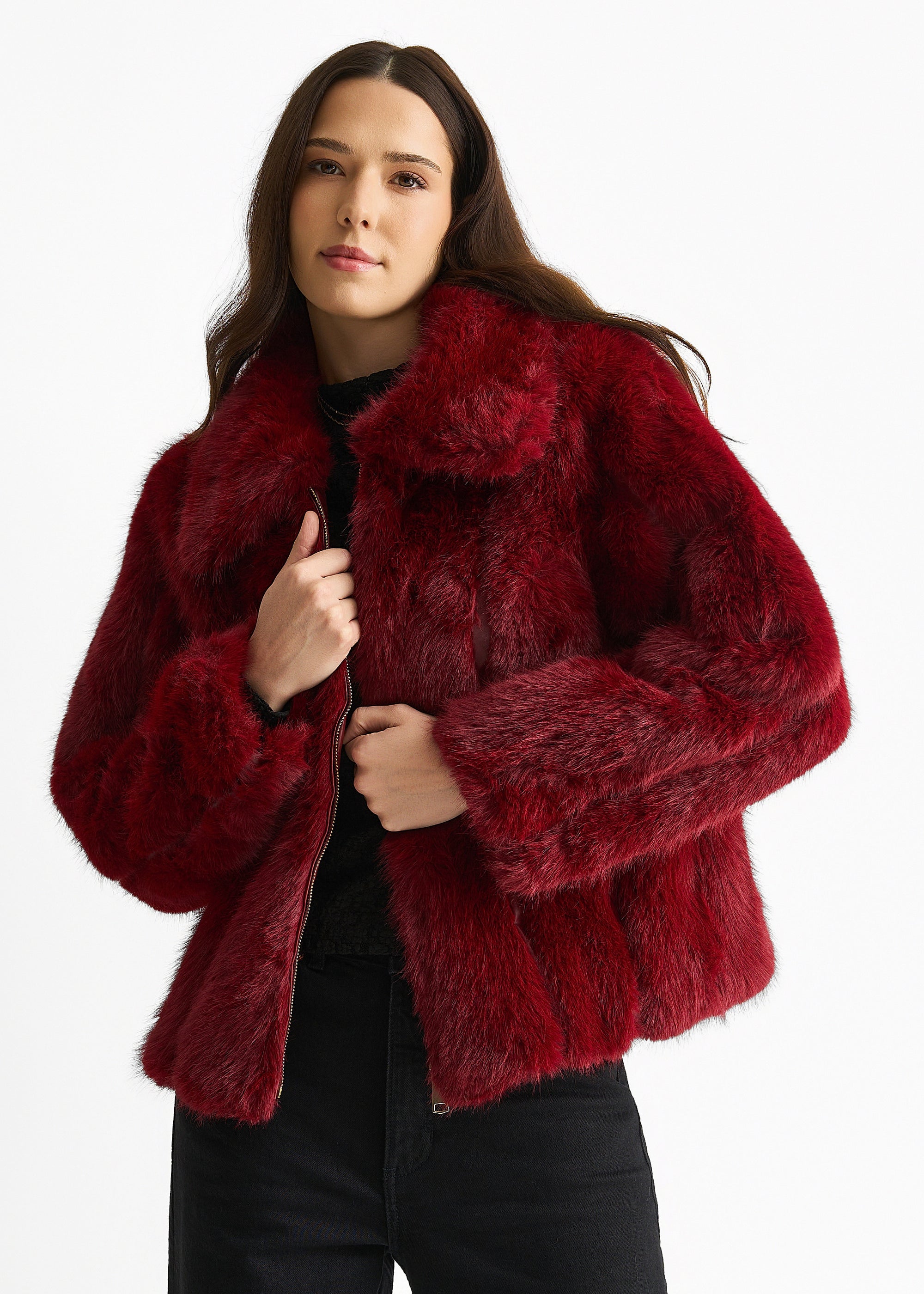 Burgundy Zip Front Faux Fur Short Jacket