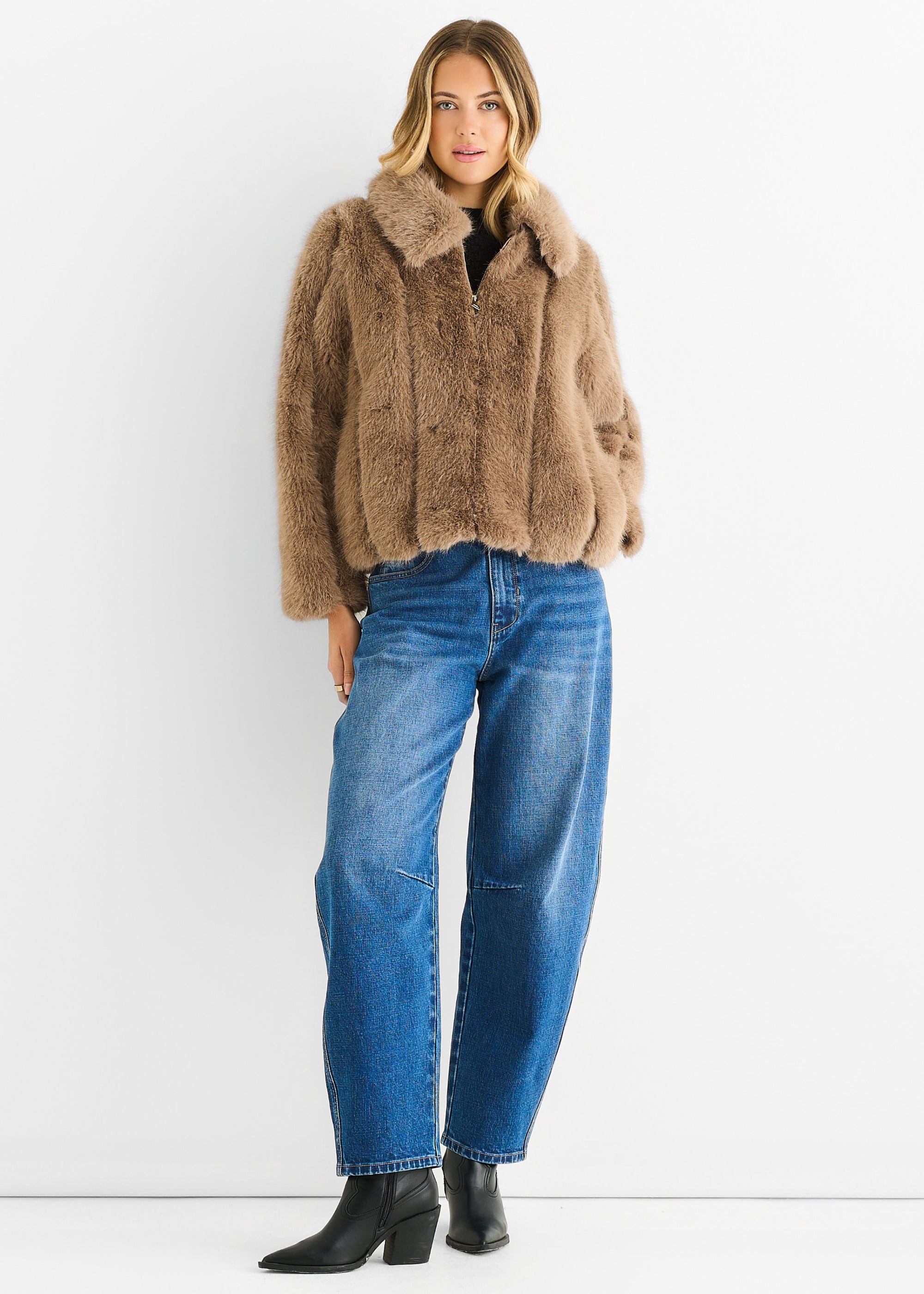 Stone Zip Front Faux Fur Short Jacket