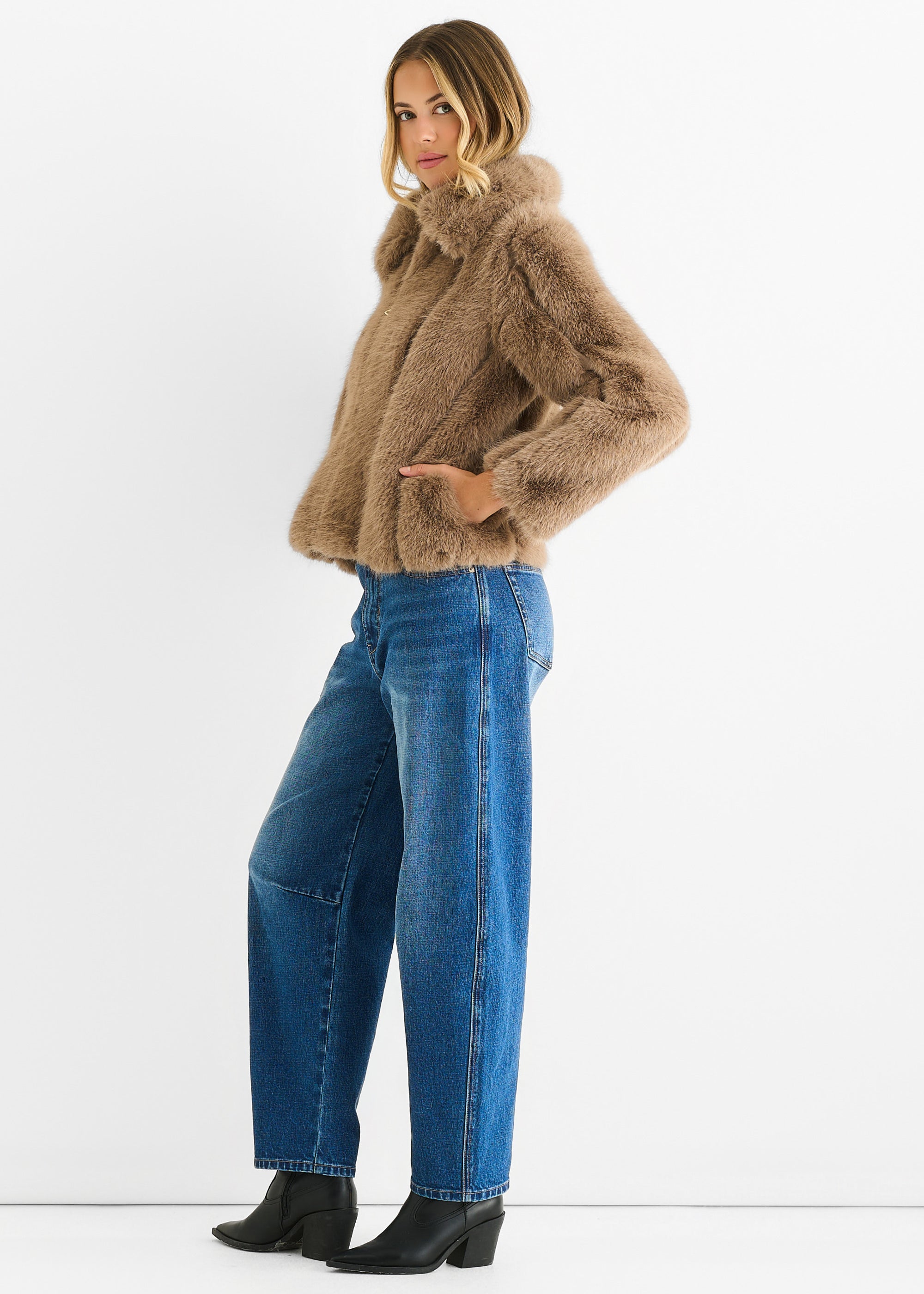 Stone Zip Front Faux Fur Short Jacket