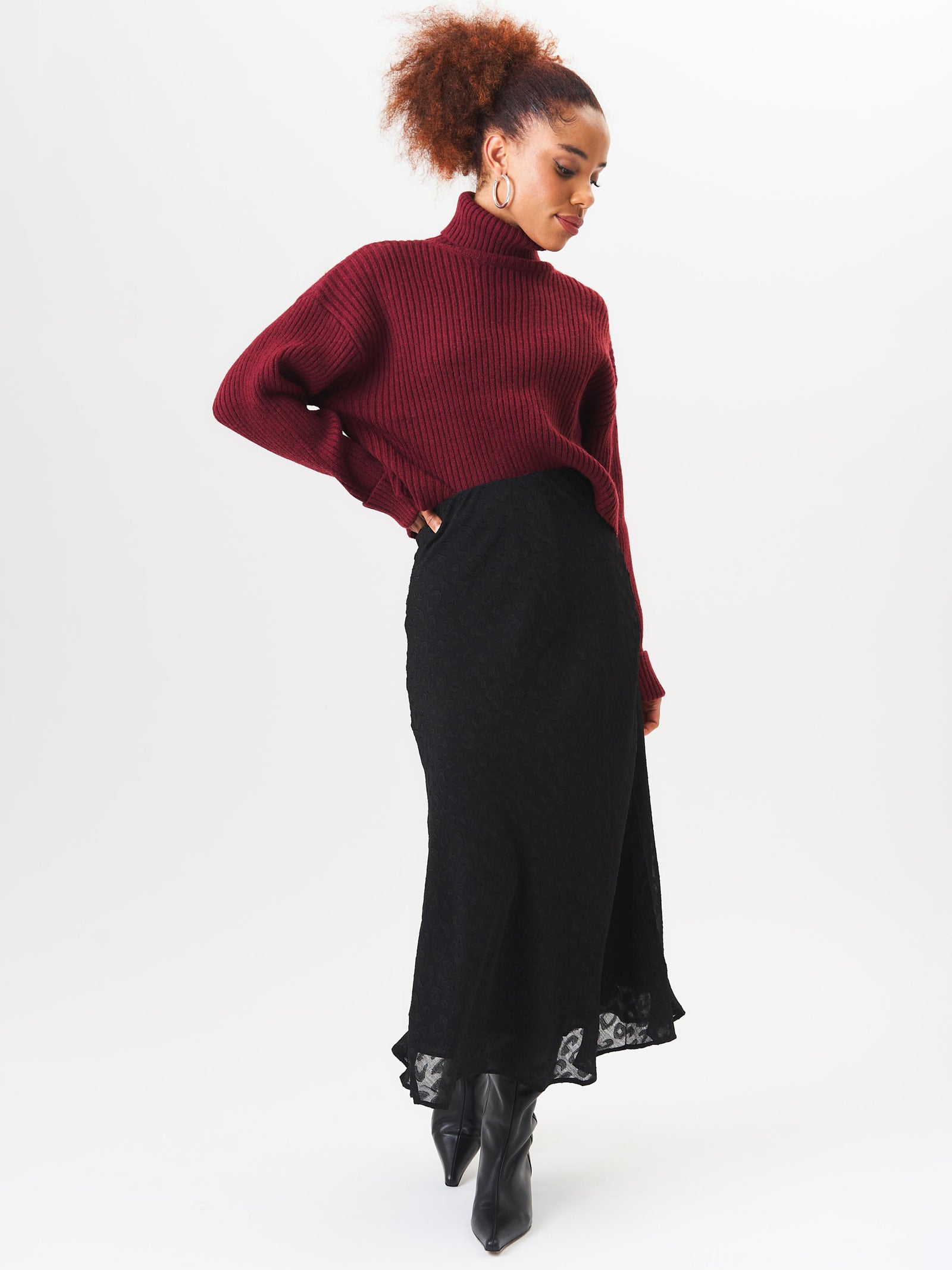 Burgundy High Neck Chunky Knit Crop Jumper