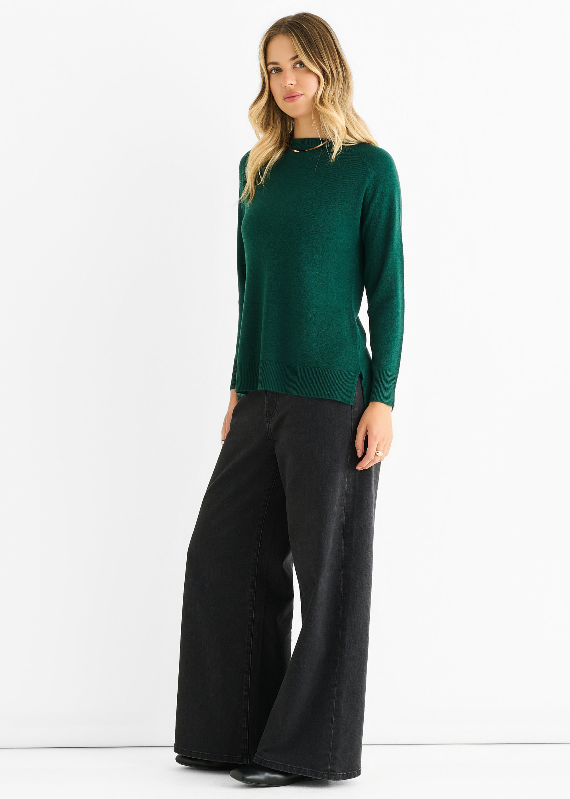 Green Crew Neck Fine Knit Oversized Jumper