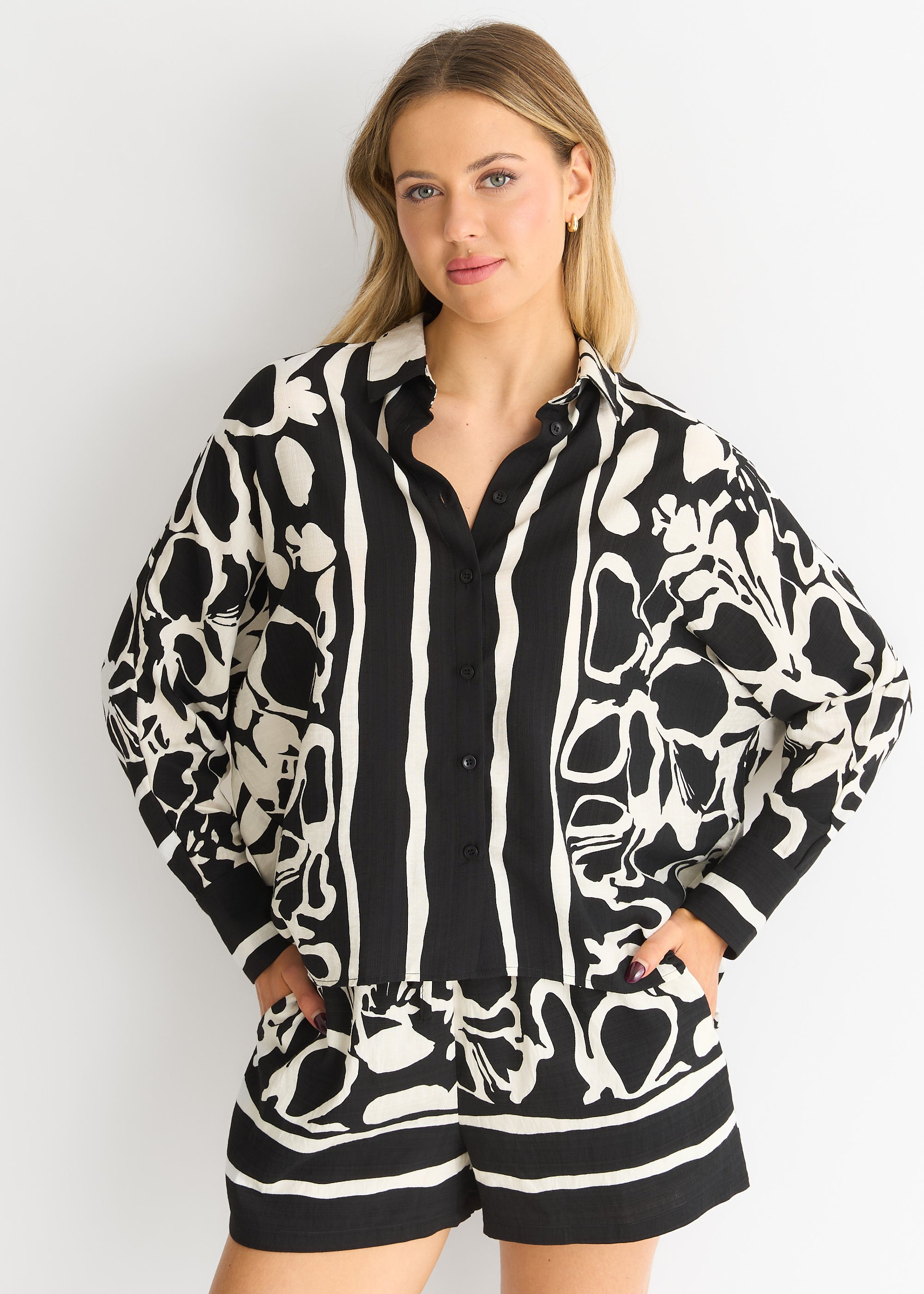 Mono Border Print Viscose Oversized Shirt