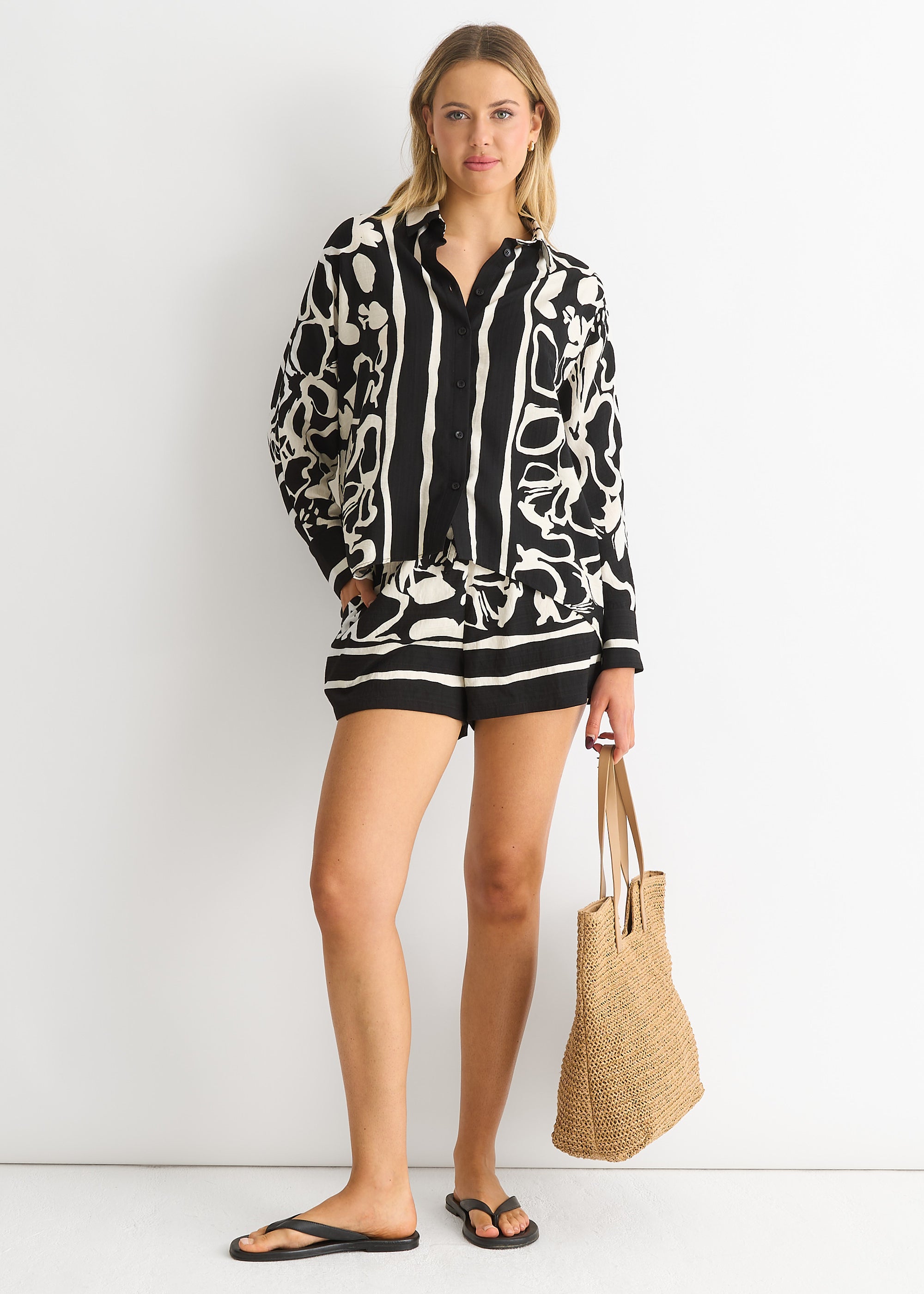 Mono Border Print Viscose Oversized Shirt