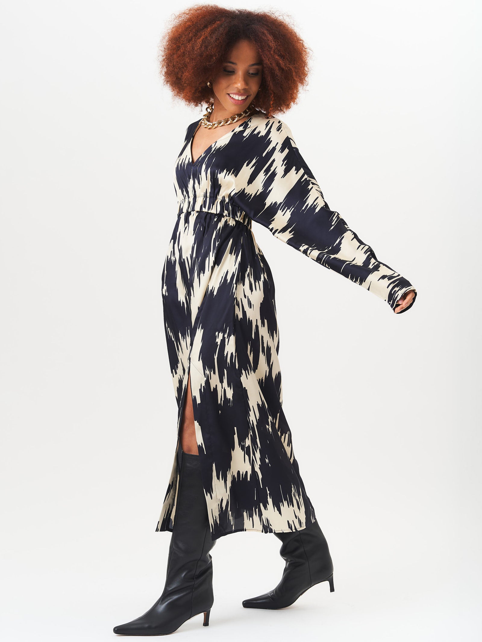 Mono Abstract Print Elasticated Waist Midi Dress