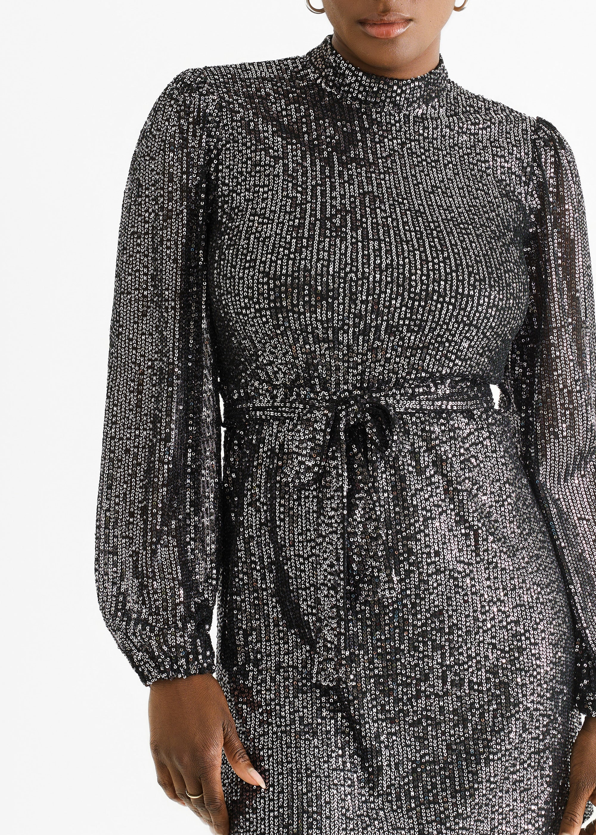 Black High Neck Long Sleeves Belted Sequin Dress