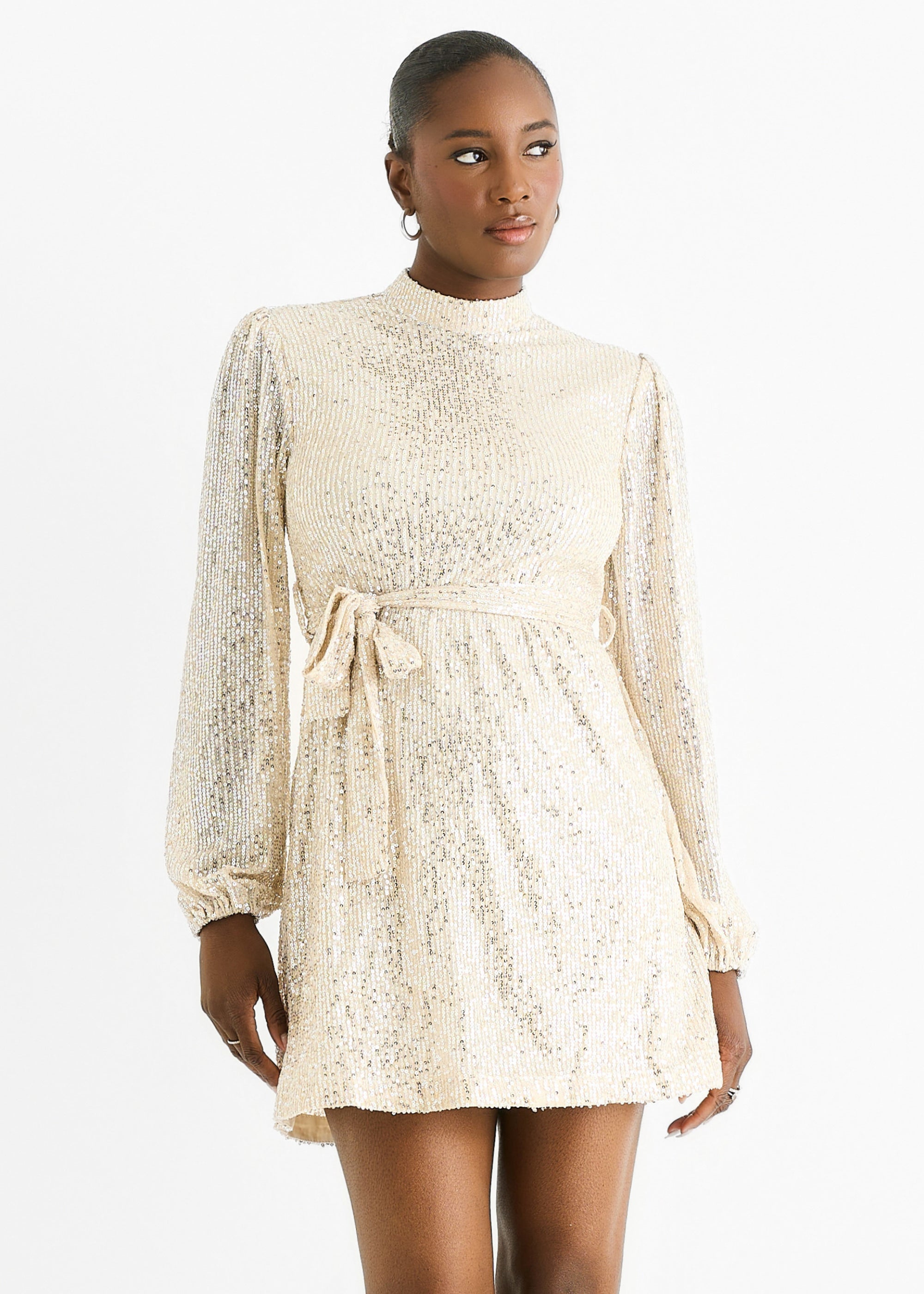 Cream High Neck Long Sleeves Belted Sequin Dress