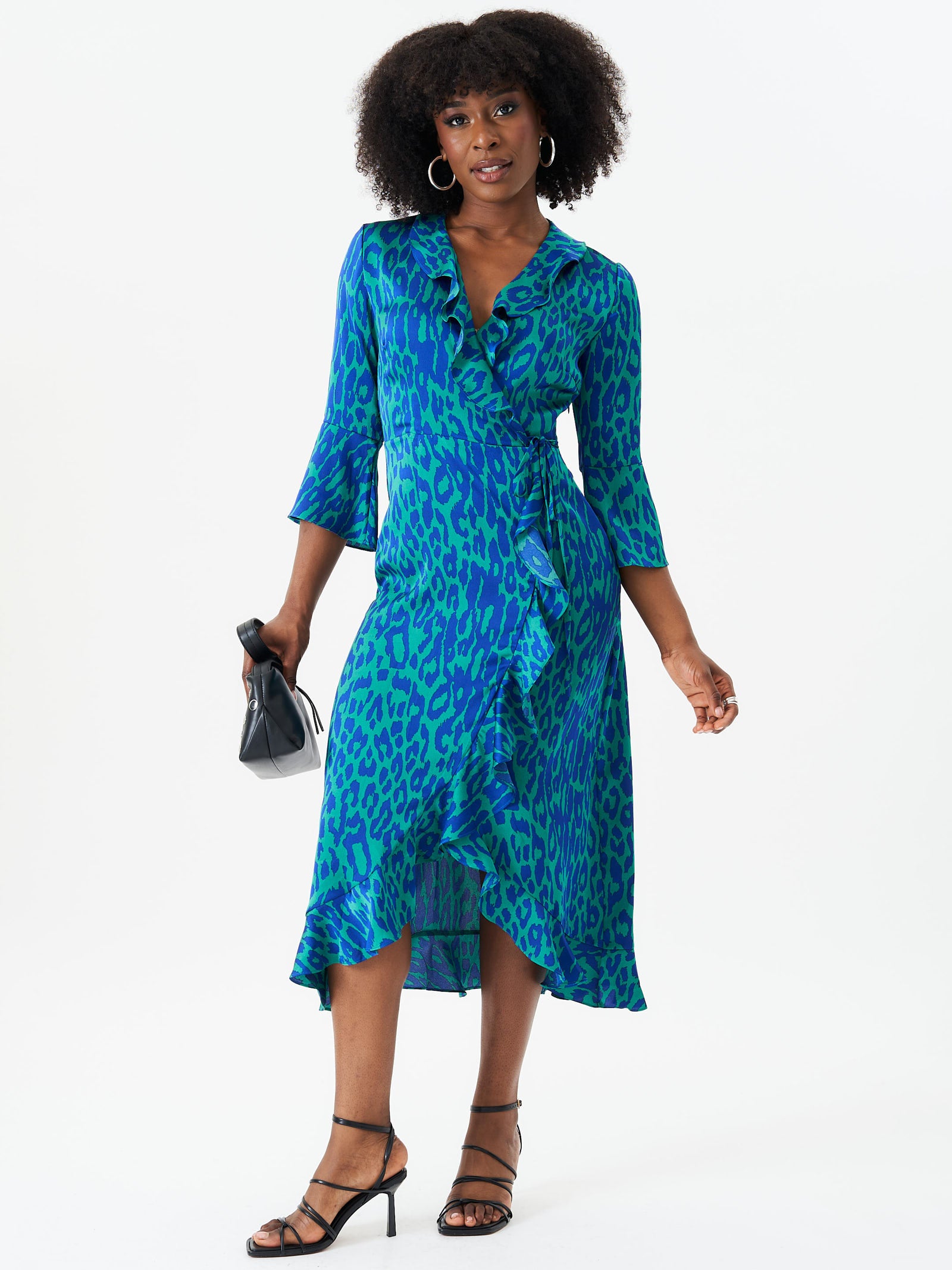 Green Animal Print Ruffle Wrap Dress