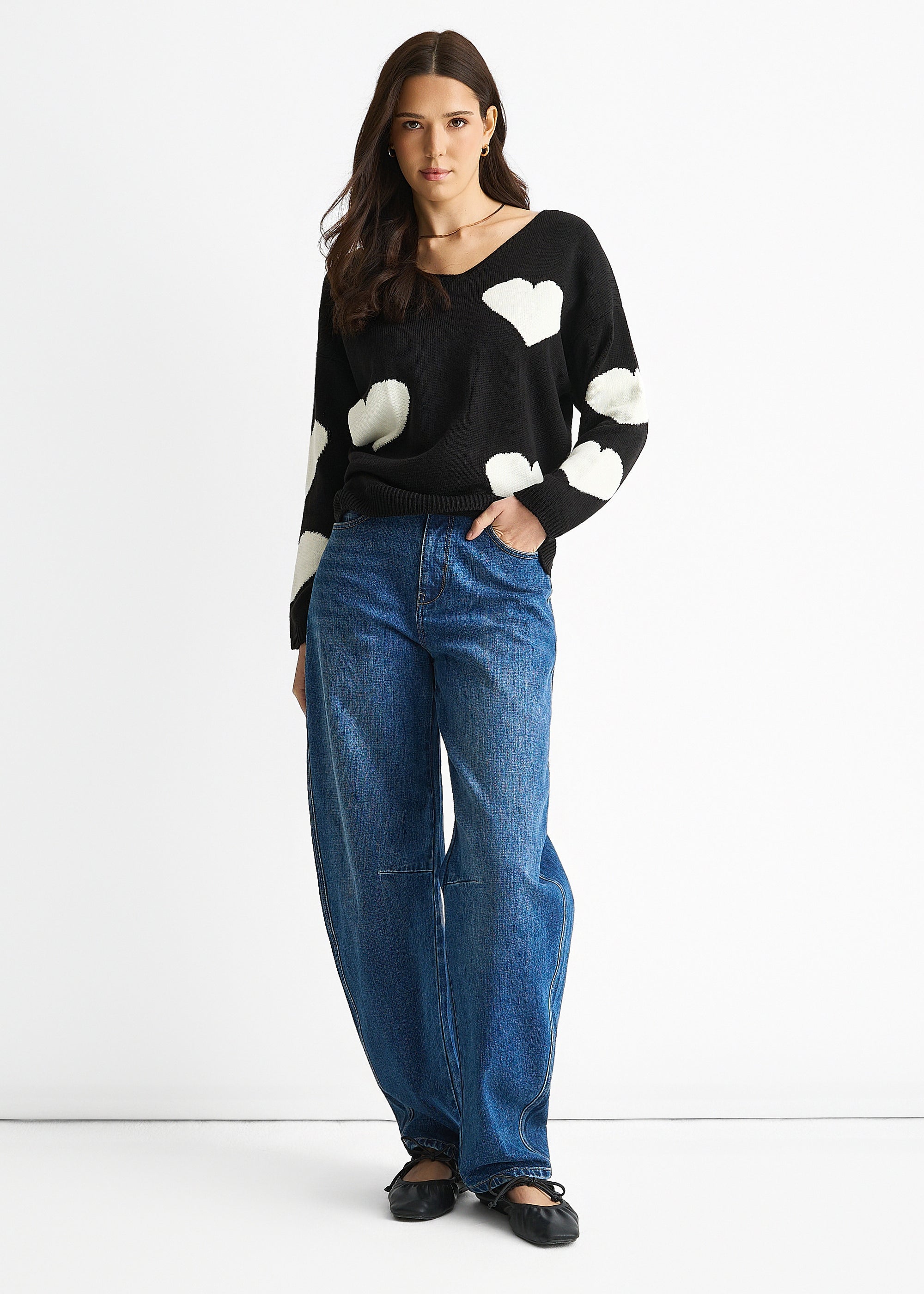 Black V Neck Oversized Heart Knit Jumper