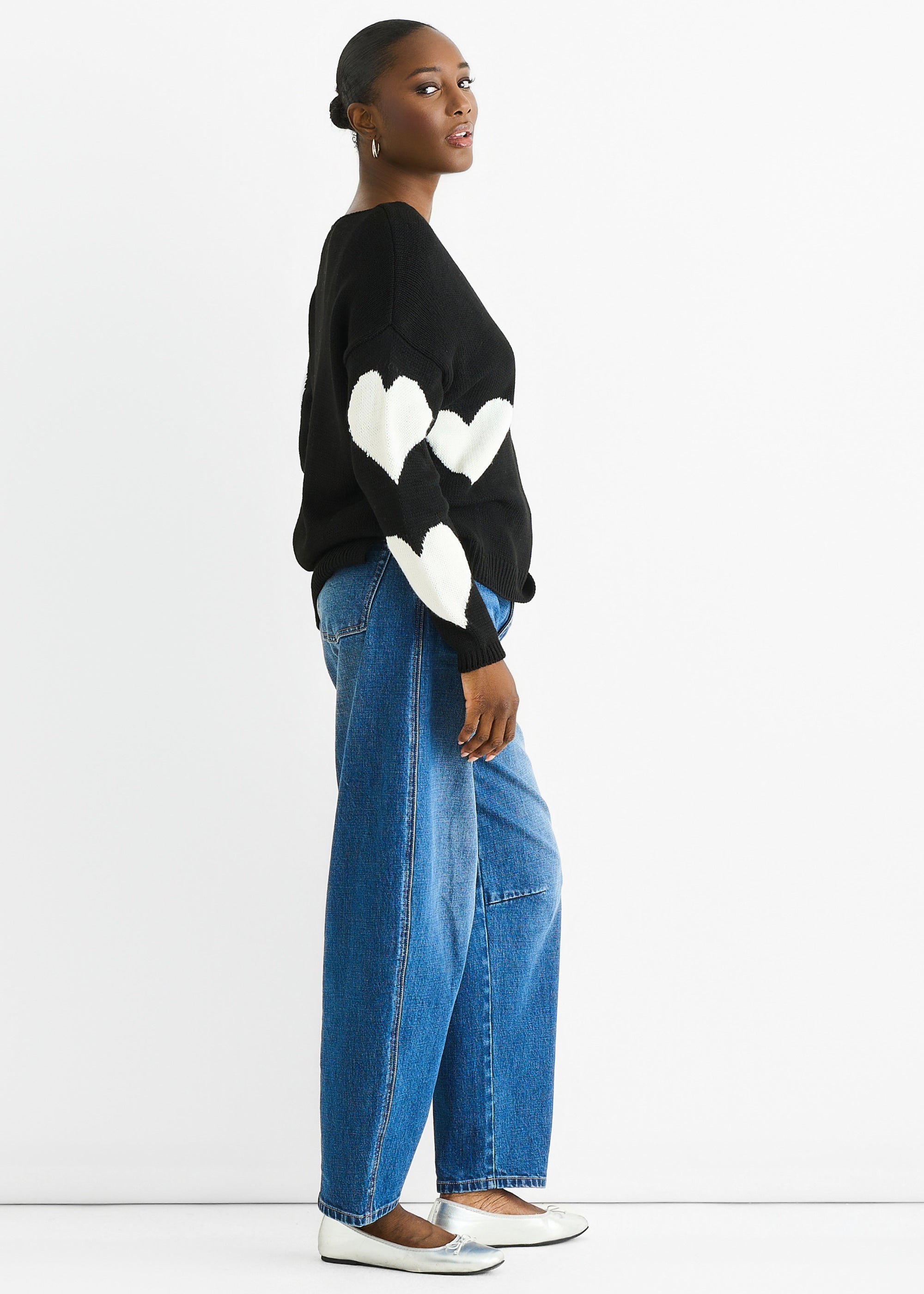 Black V Neck Oversized Heart Knit Jumper