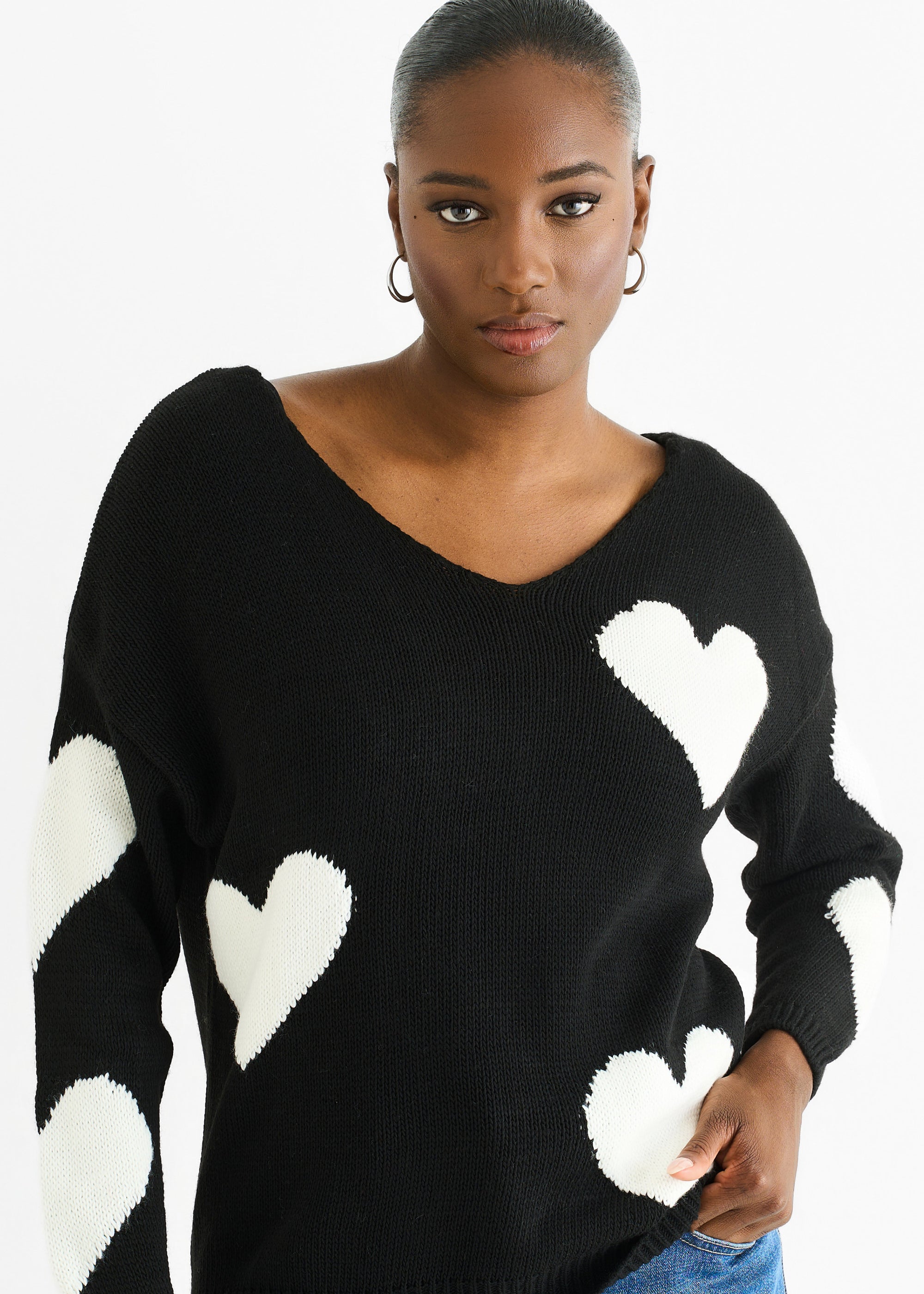 Black V Neck Oversized Heart Knit Jumper