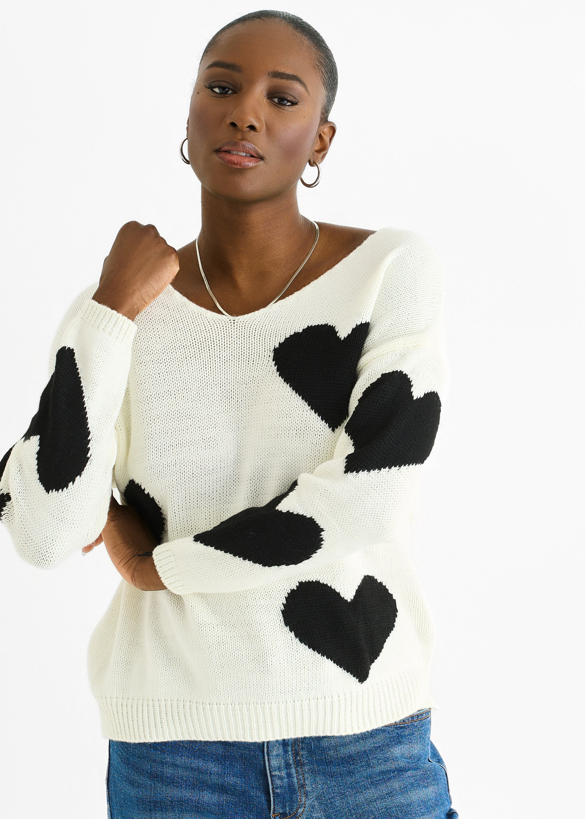 White V Neck Oversized Heart Knit Jumper