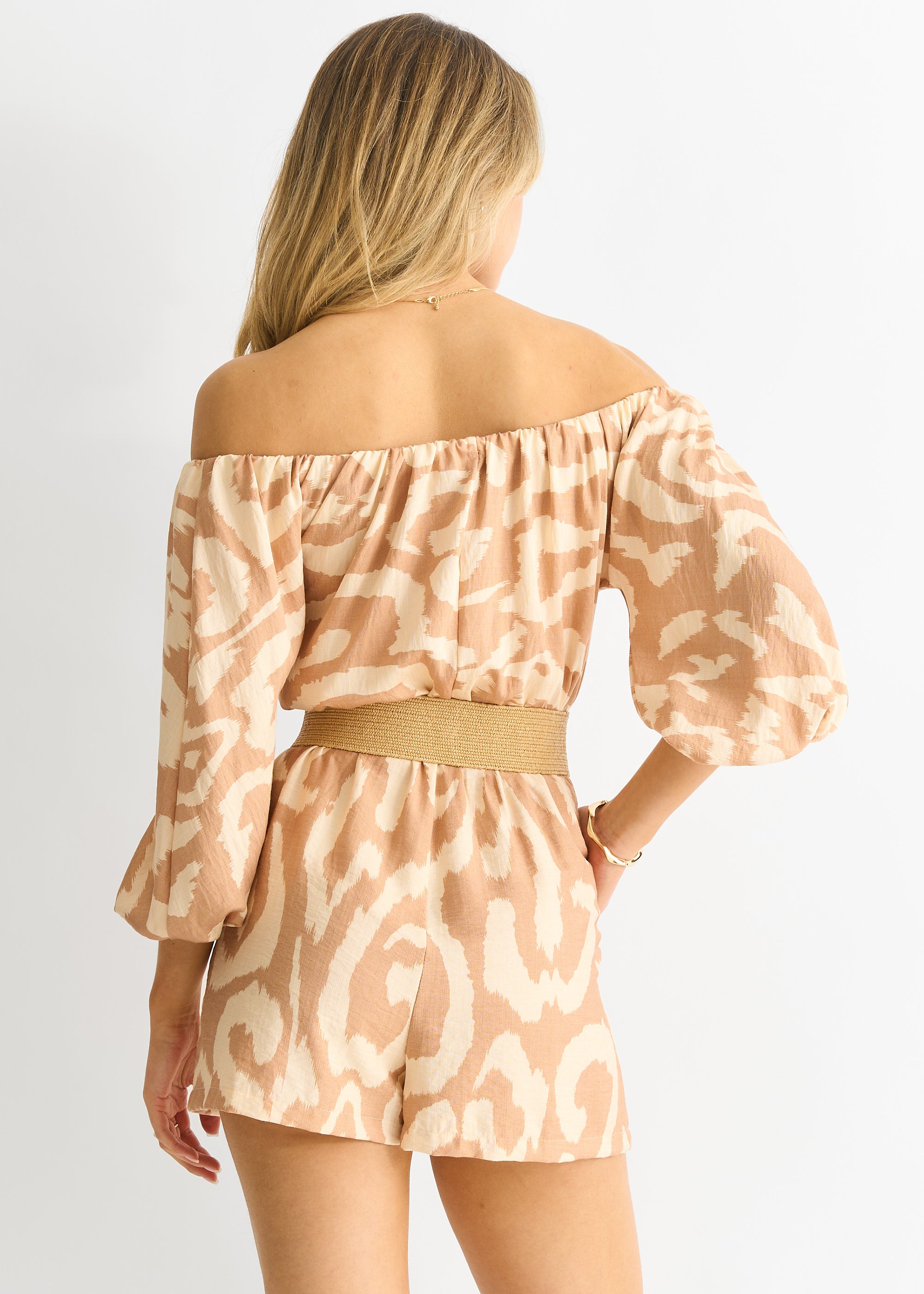 Beige Abstract Belted Bardot Viscose Playsuit