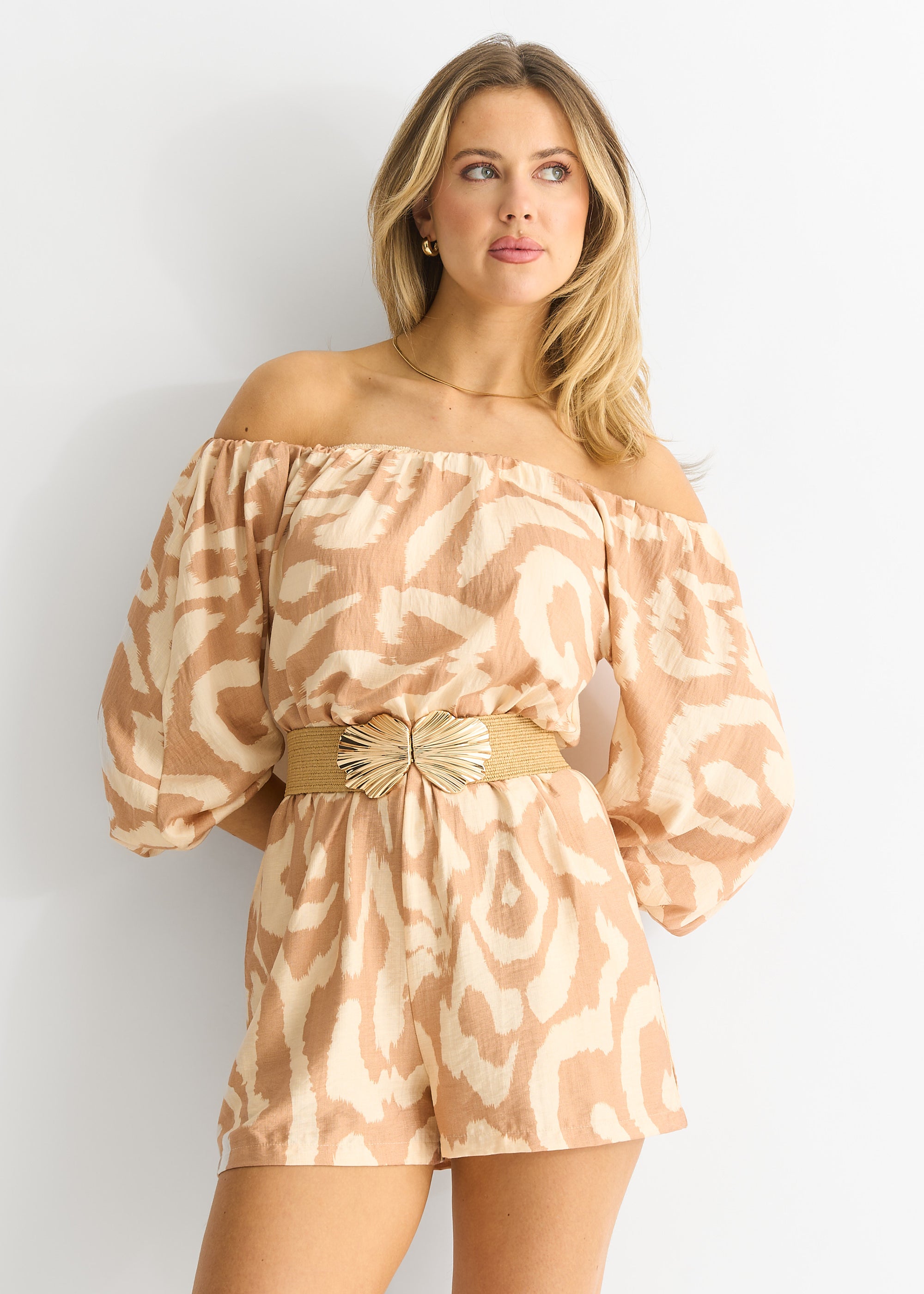 Beige Abstract Belted Bardot Viscose Playsuit