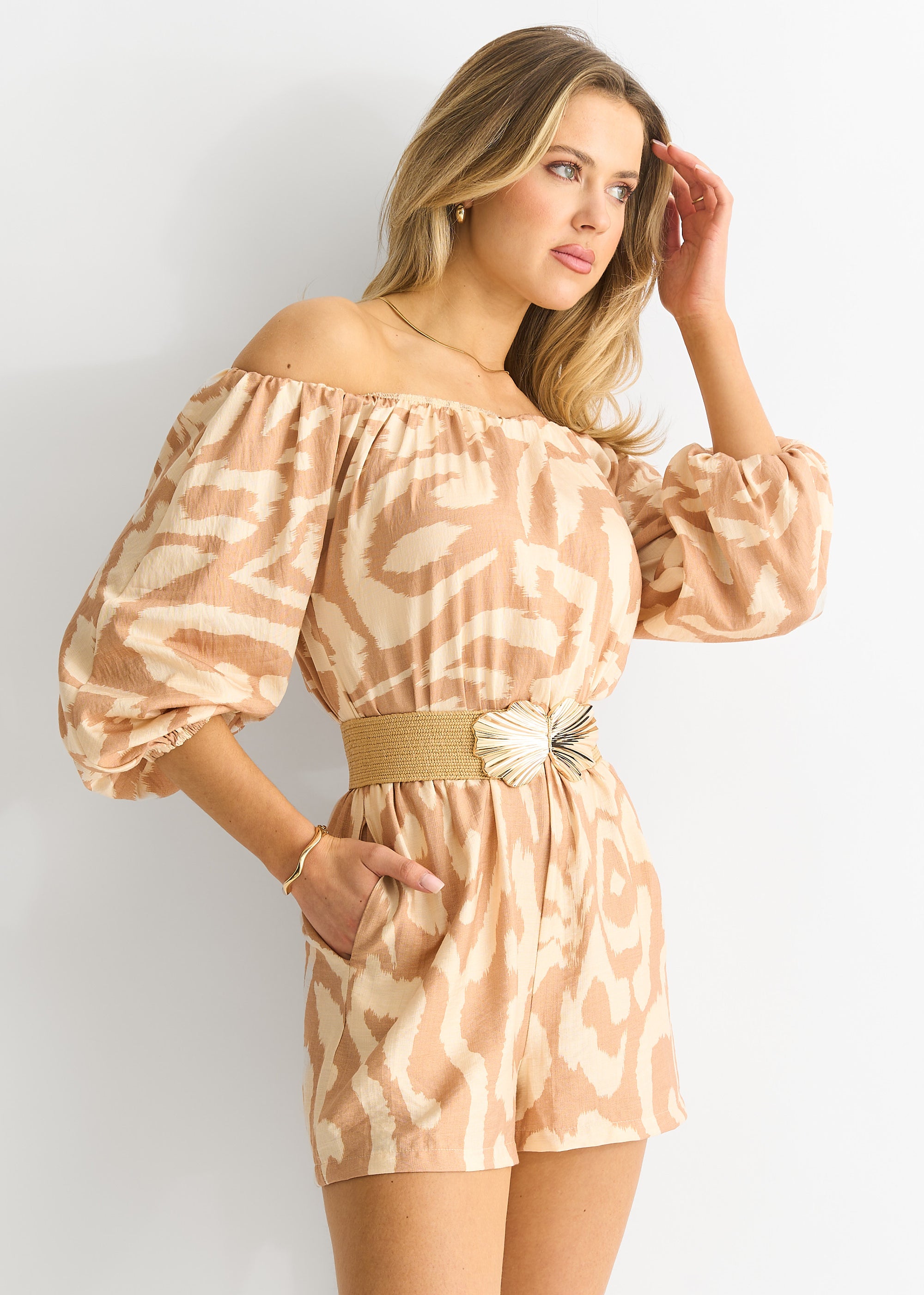 Beige Abstract Belted Bardot Viscose Playsuit