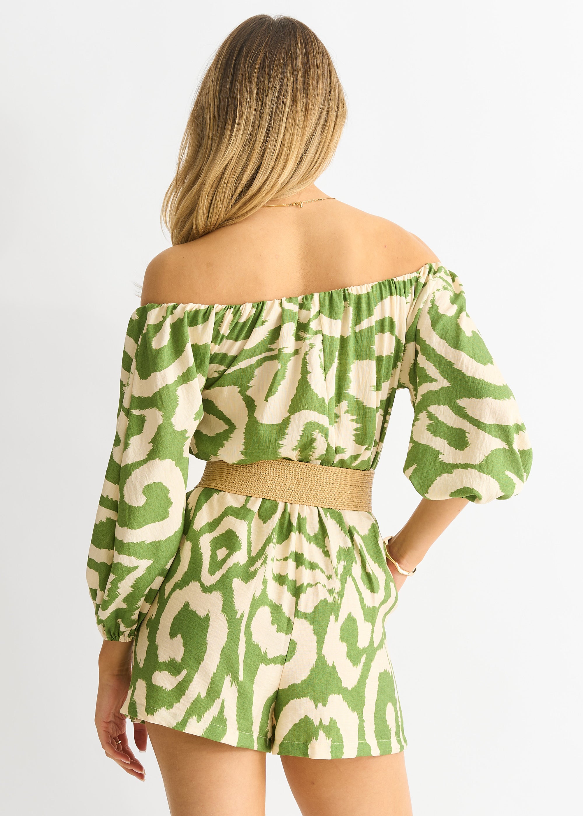 Green  Abstract Belted Bardot Viscose Playsuit