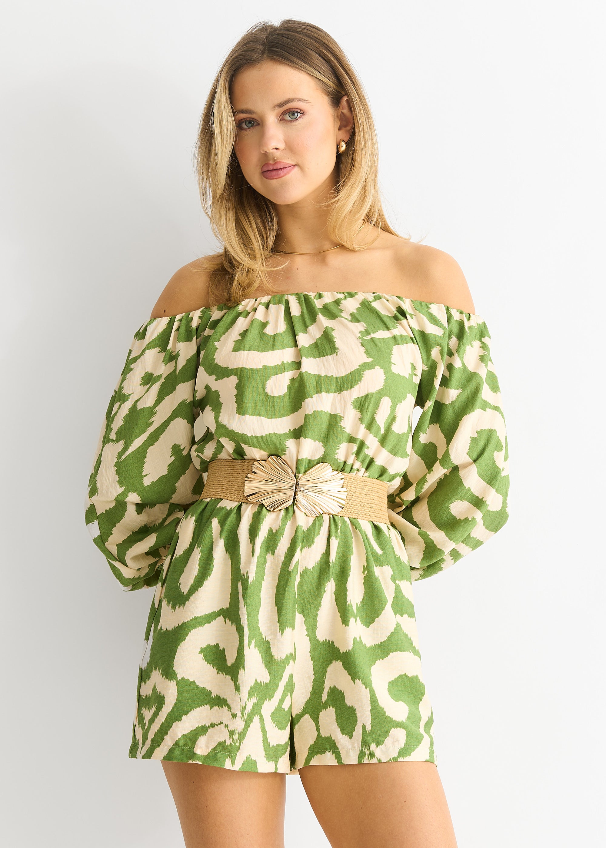 Green  Abstract Belted Bardot Viscose Playsuit
