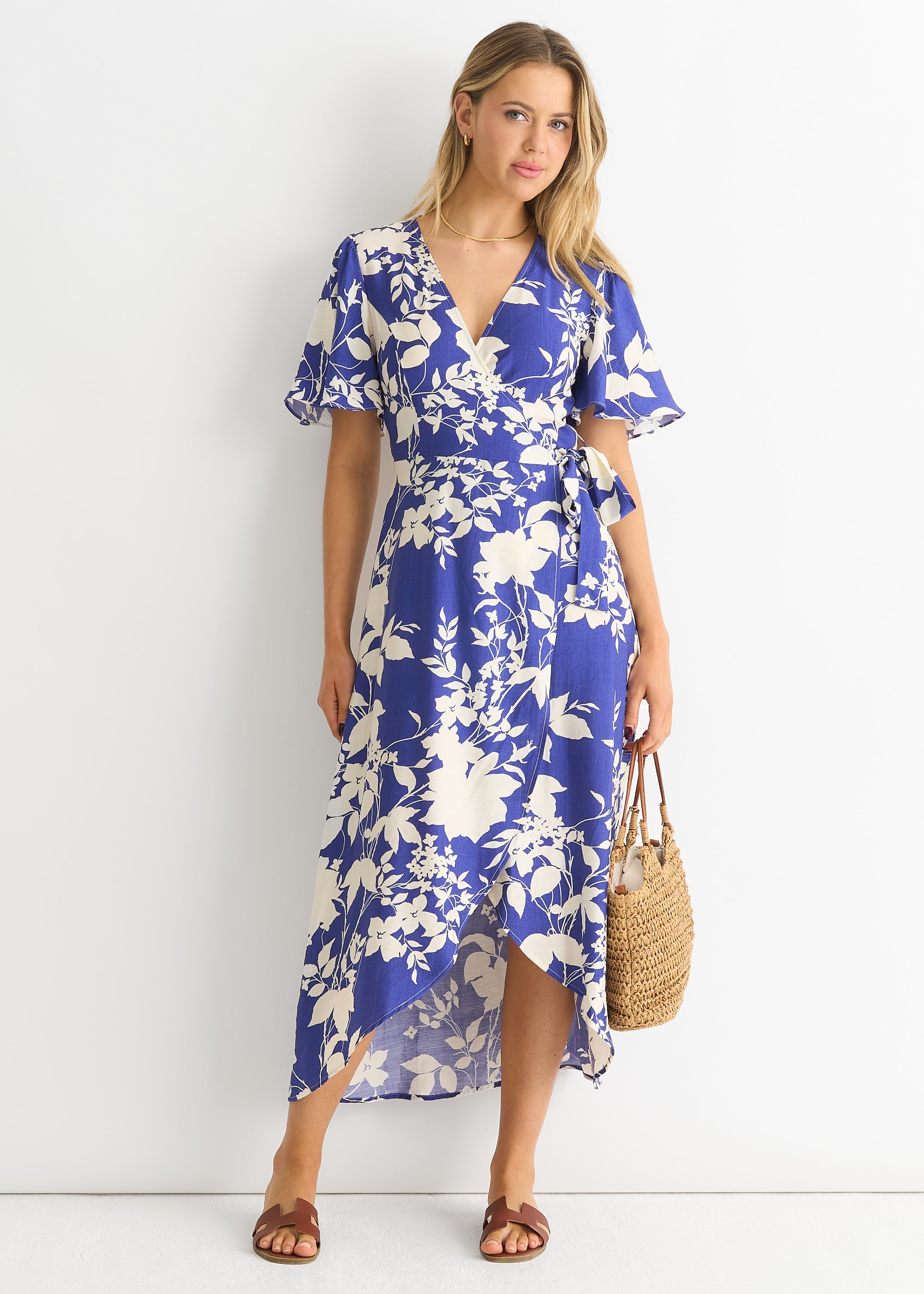 Viscose Floral Wrap Midi Dress