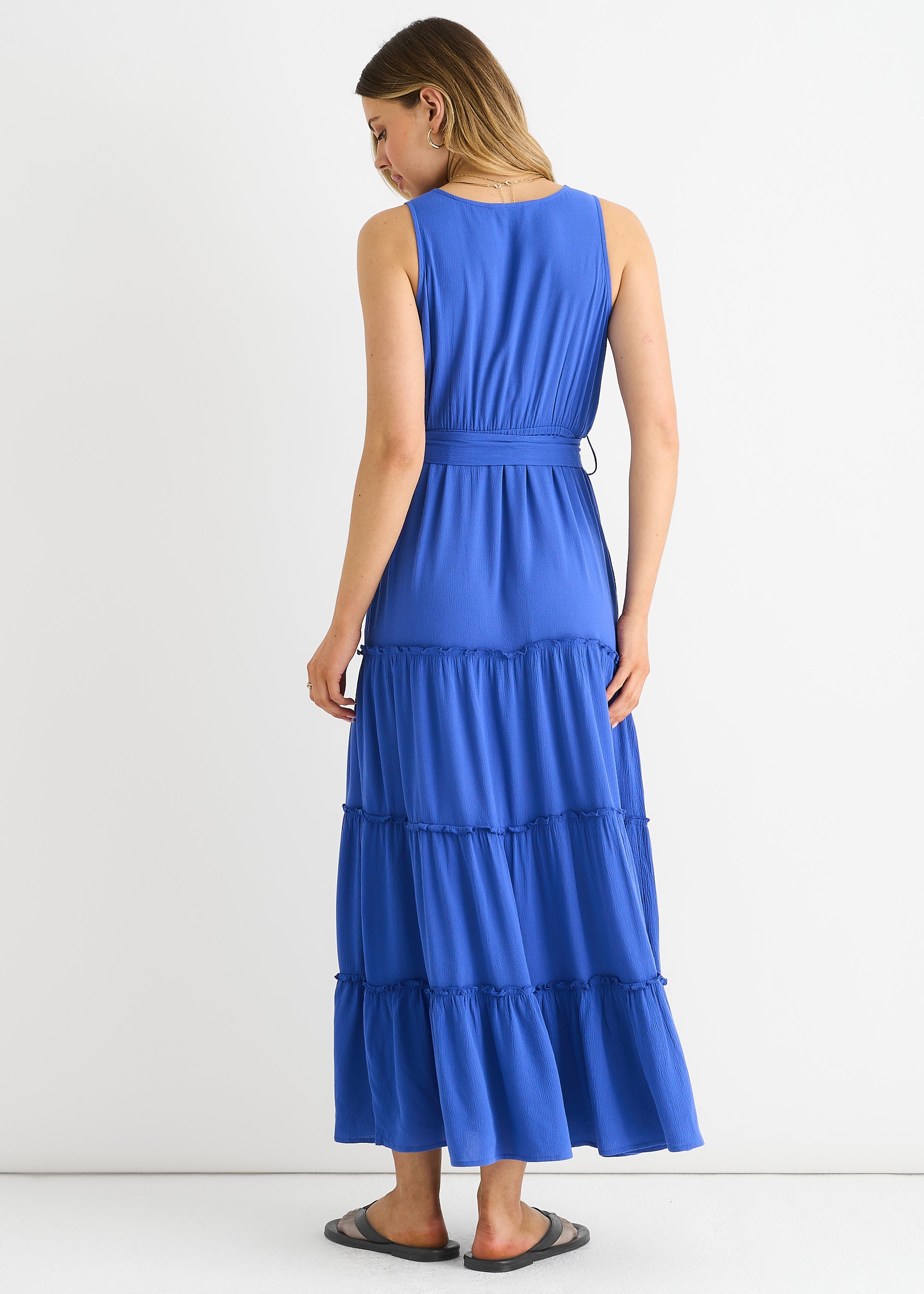 Blue Viscose Wrap Tiered Maxi Dress