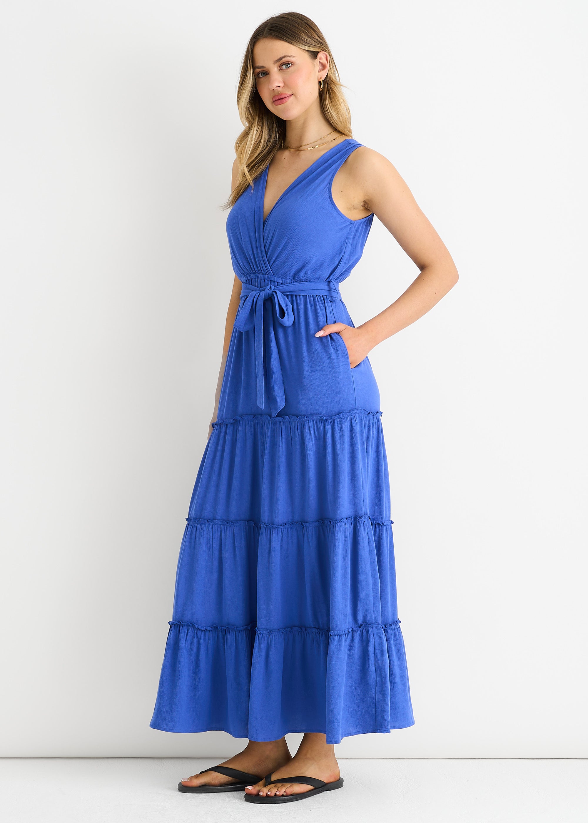 Blue Viscose Wrap Tiered Maxi Dress