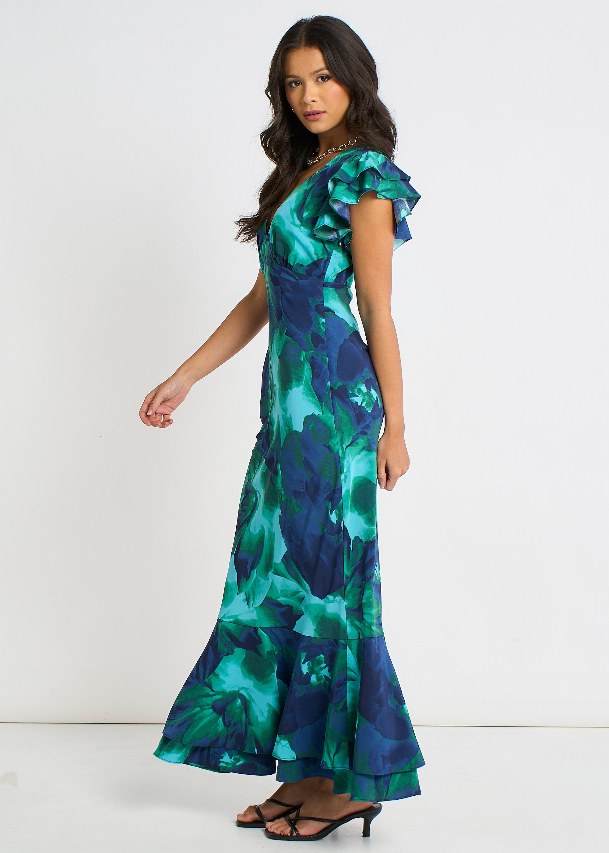 Green Watercolour Floral Maxi Dress