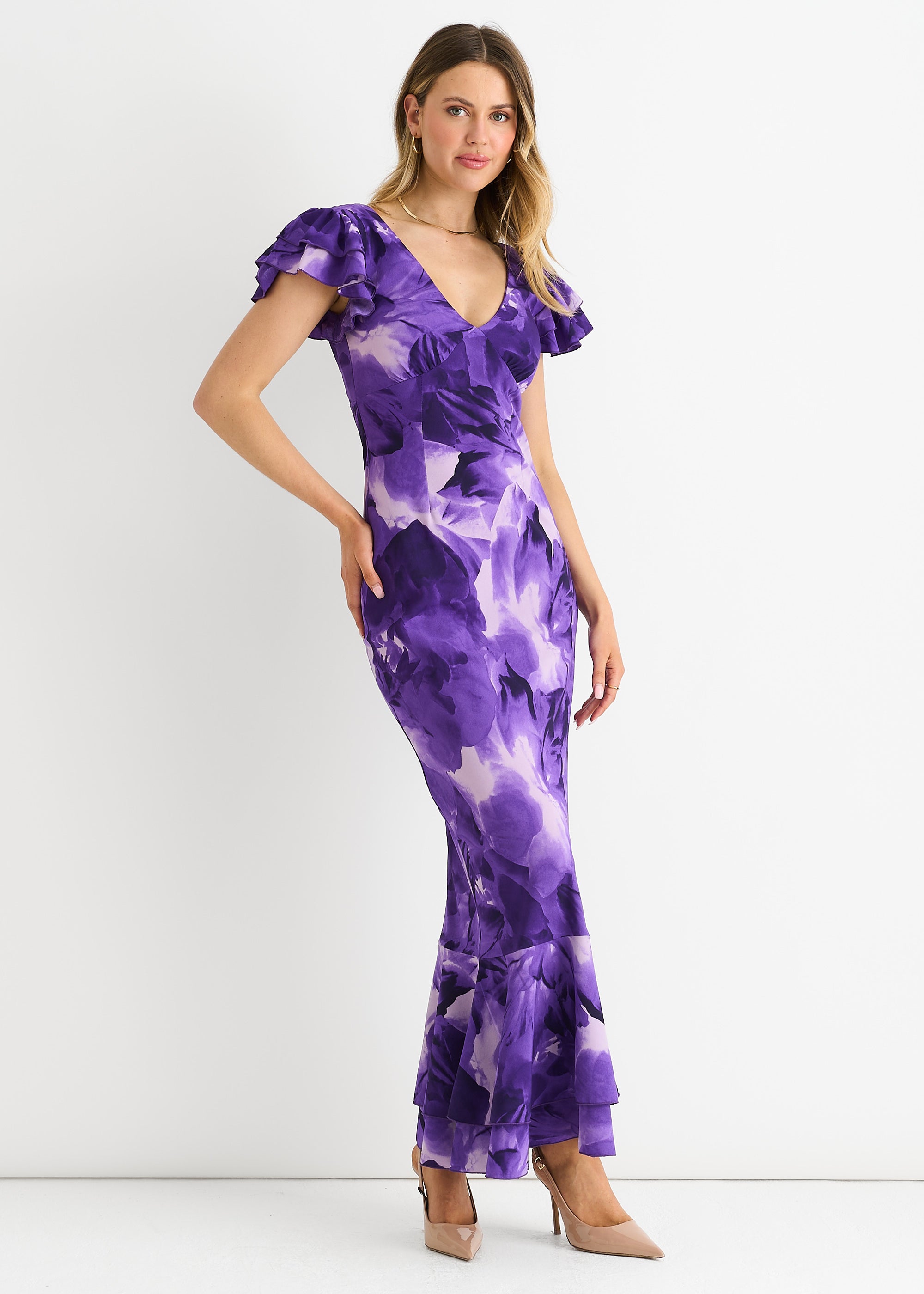 Purple Watercolour Floral Maxi Dress