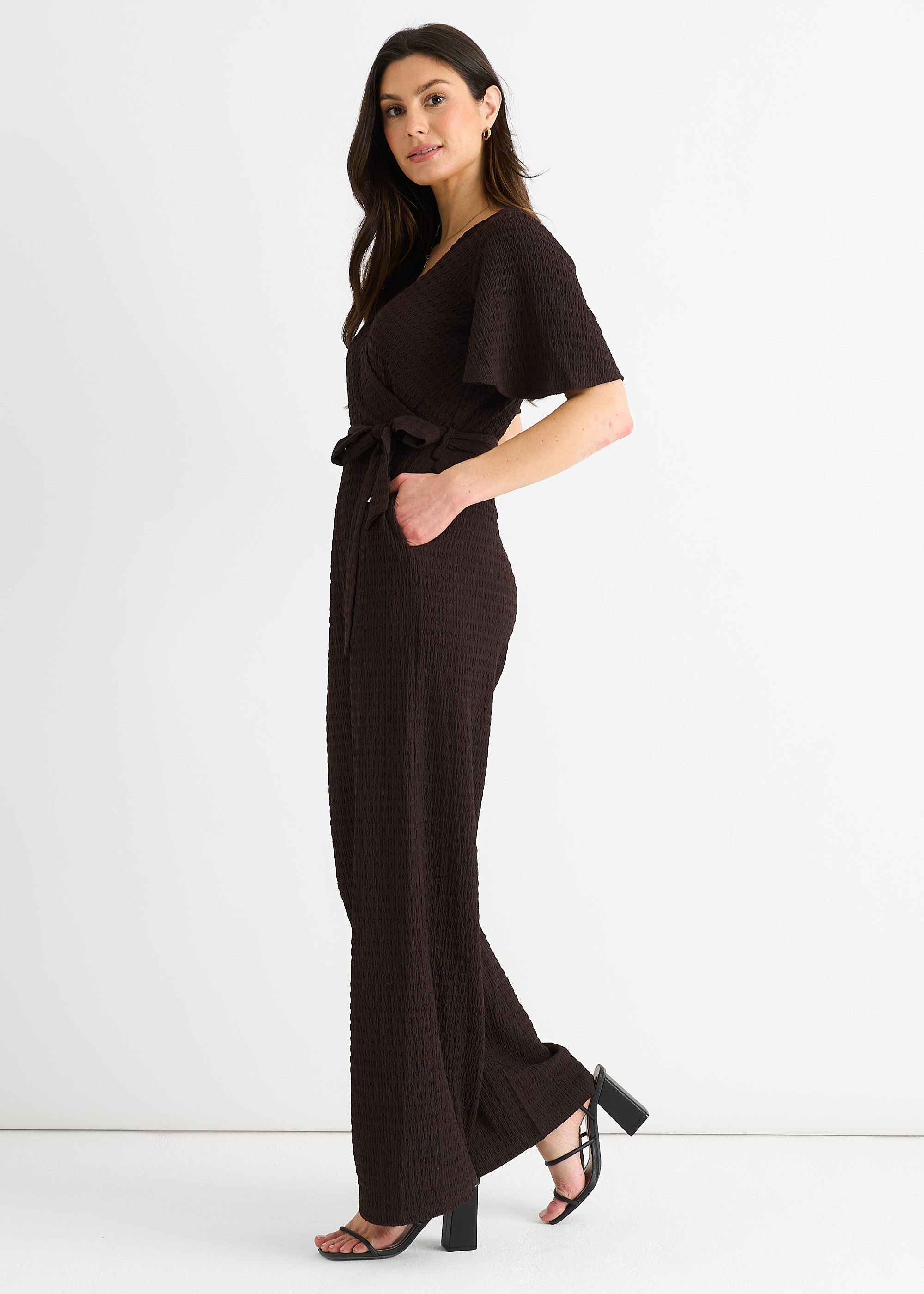 Chocolate Textured Jersey Wrap Wide Leg Jumpsuit