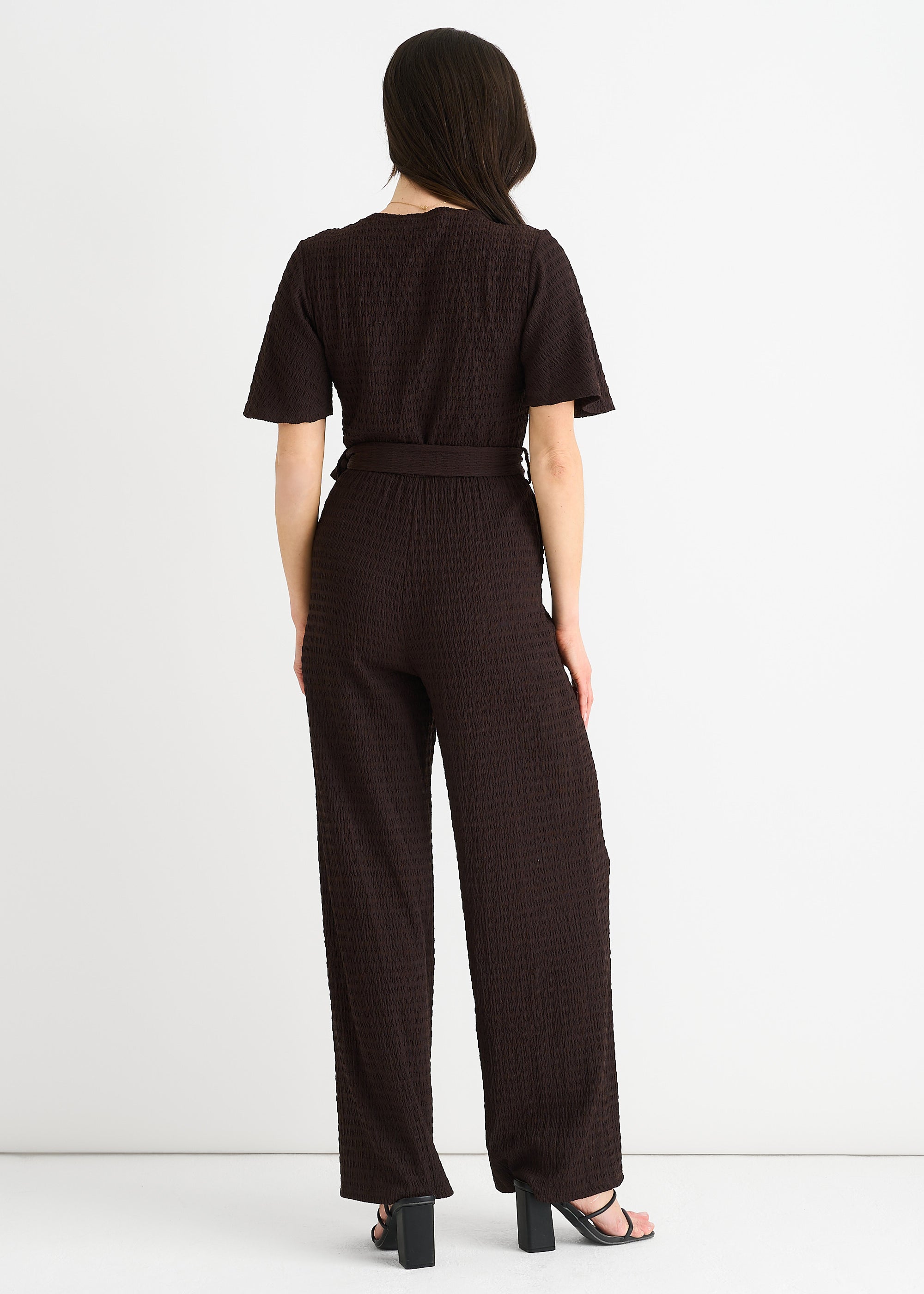 Chocolate Textured Jersey Wrap Wide Leg Jumpsuit