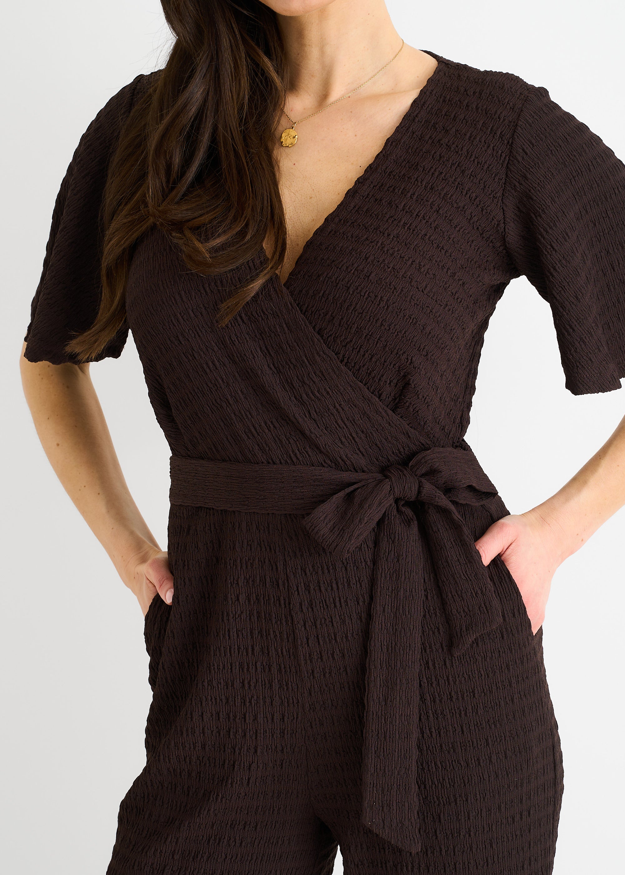 Chocolate Textured Jersey Wrap Wide Leg Jumpsuit