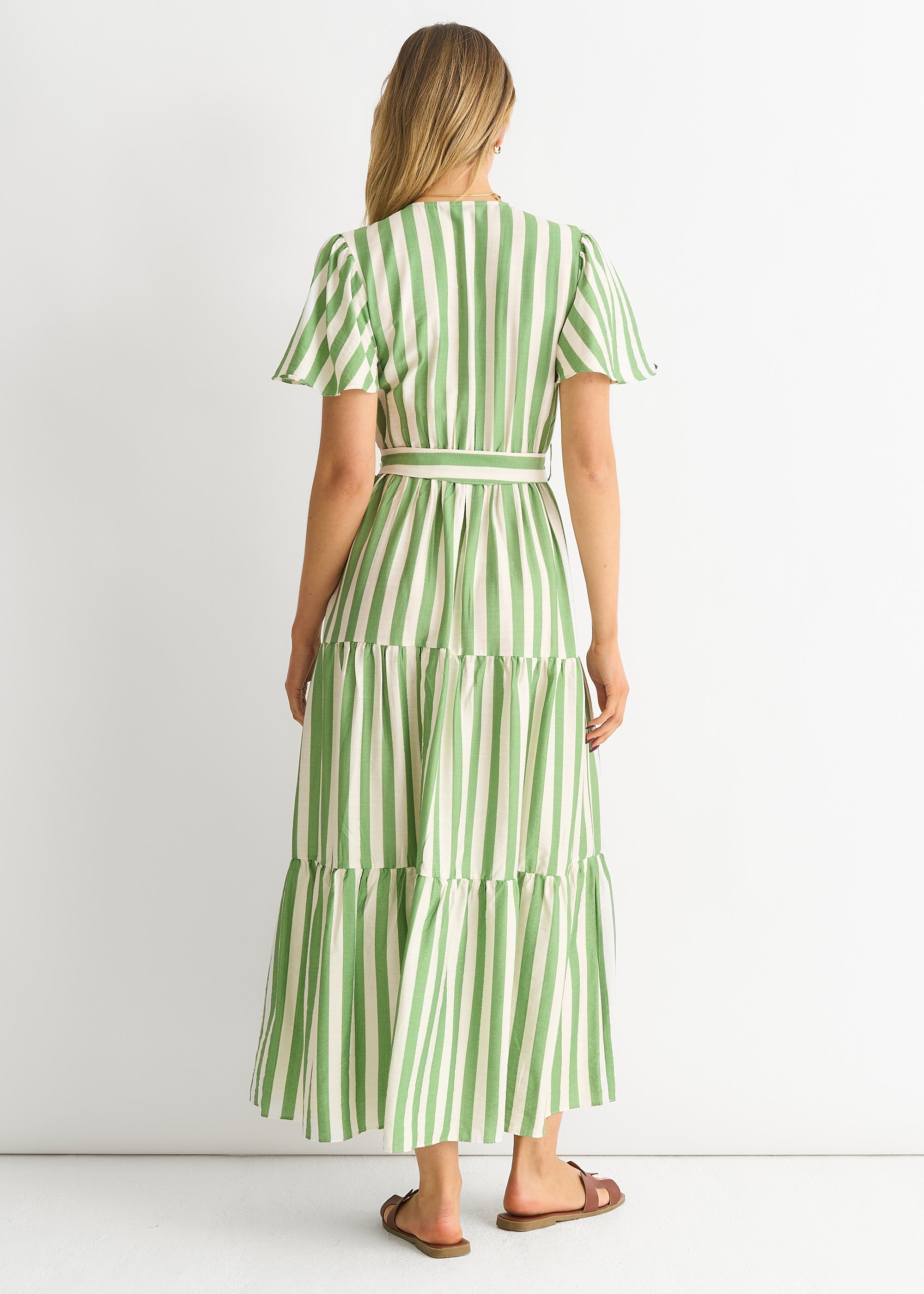 Sage Green Stripe Wrap Belted Viscose Midi Dress