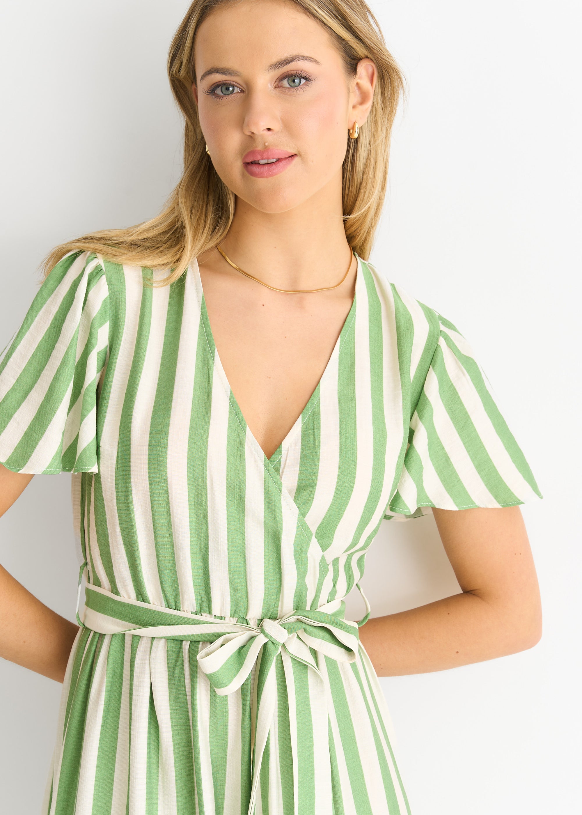 Sage Green Stripe Wrap Belted Viscose Midi Dress