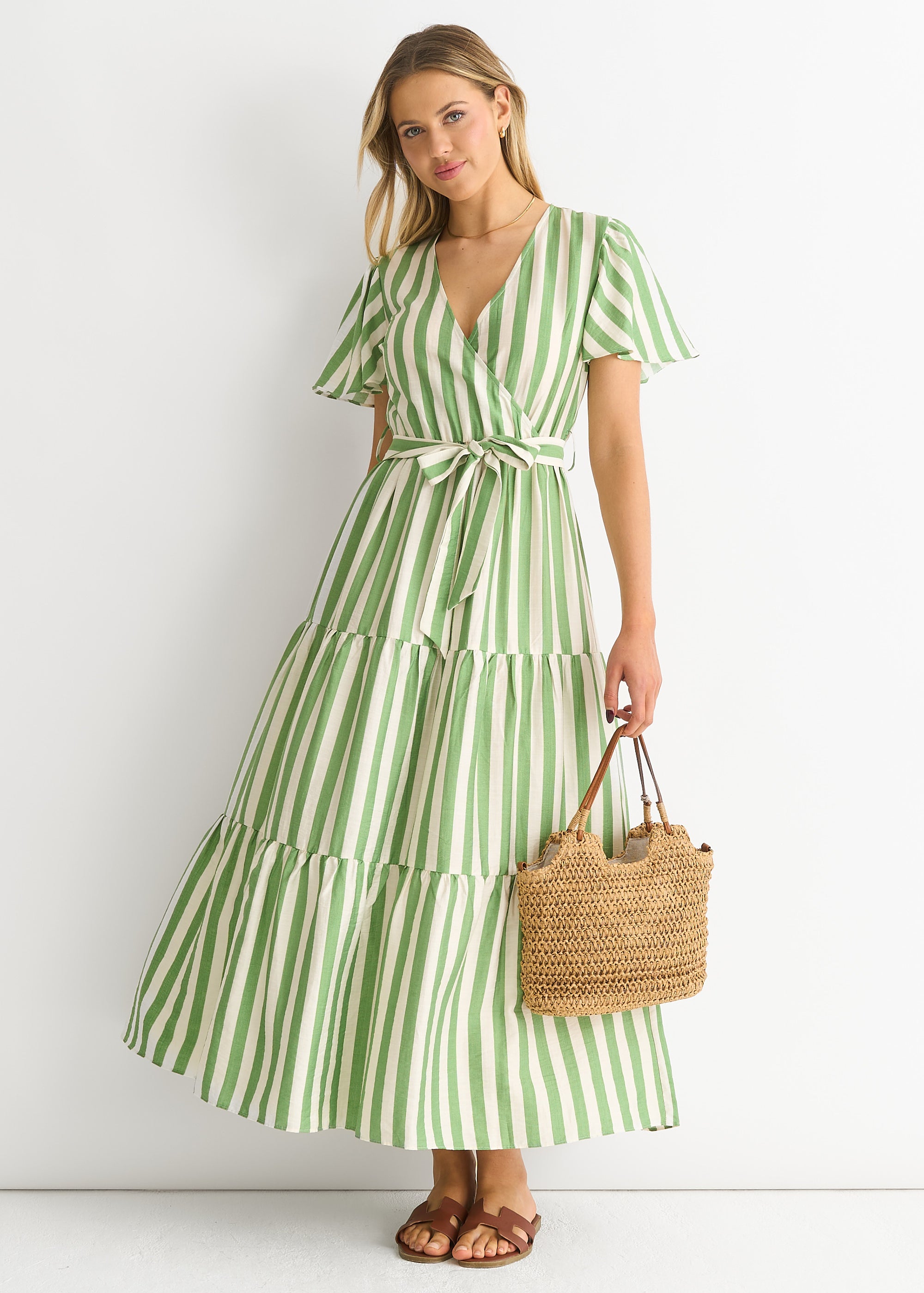 Sage Green Stripe Wrap Belted Viscose Midi Dress