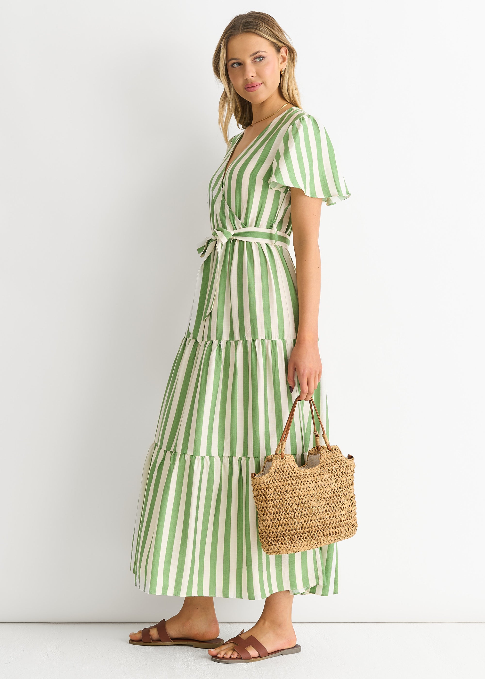 Sage Green Stripe Wrap Belted Viscose Midi Dress