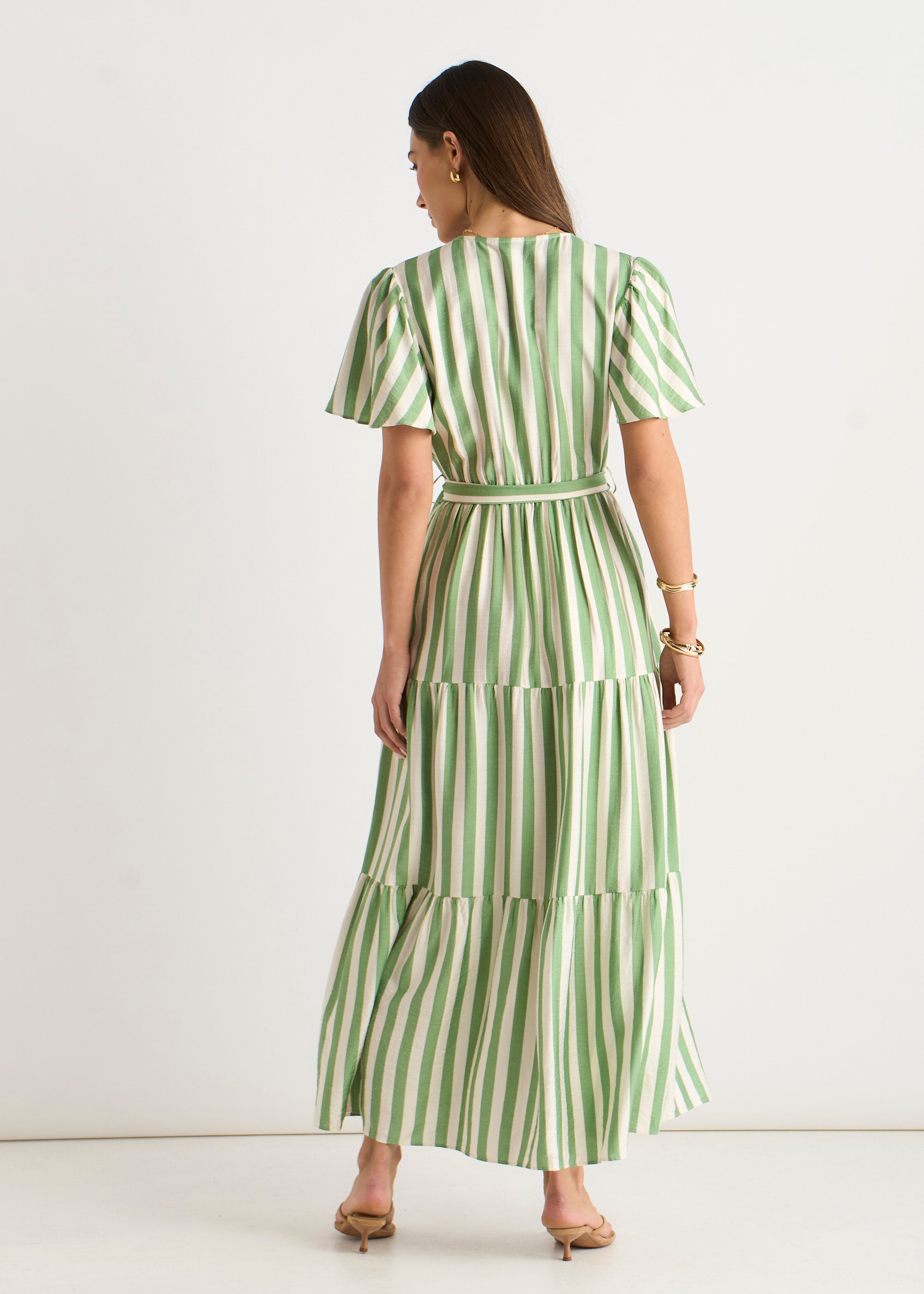Sage Green Stripe Wrap Belted Viscose Midi Dress