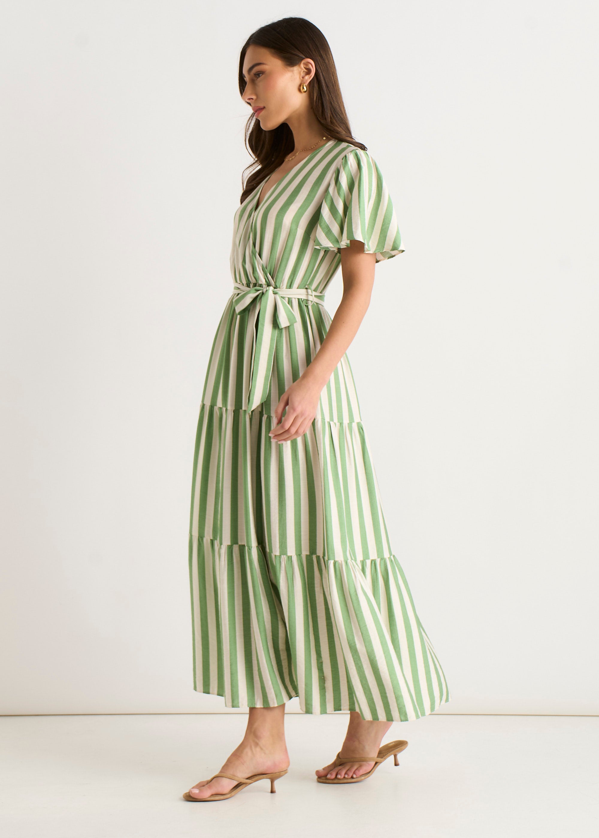 Sage Green Stripe Wrap Belted Viscose Midi Dress
