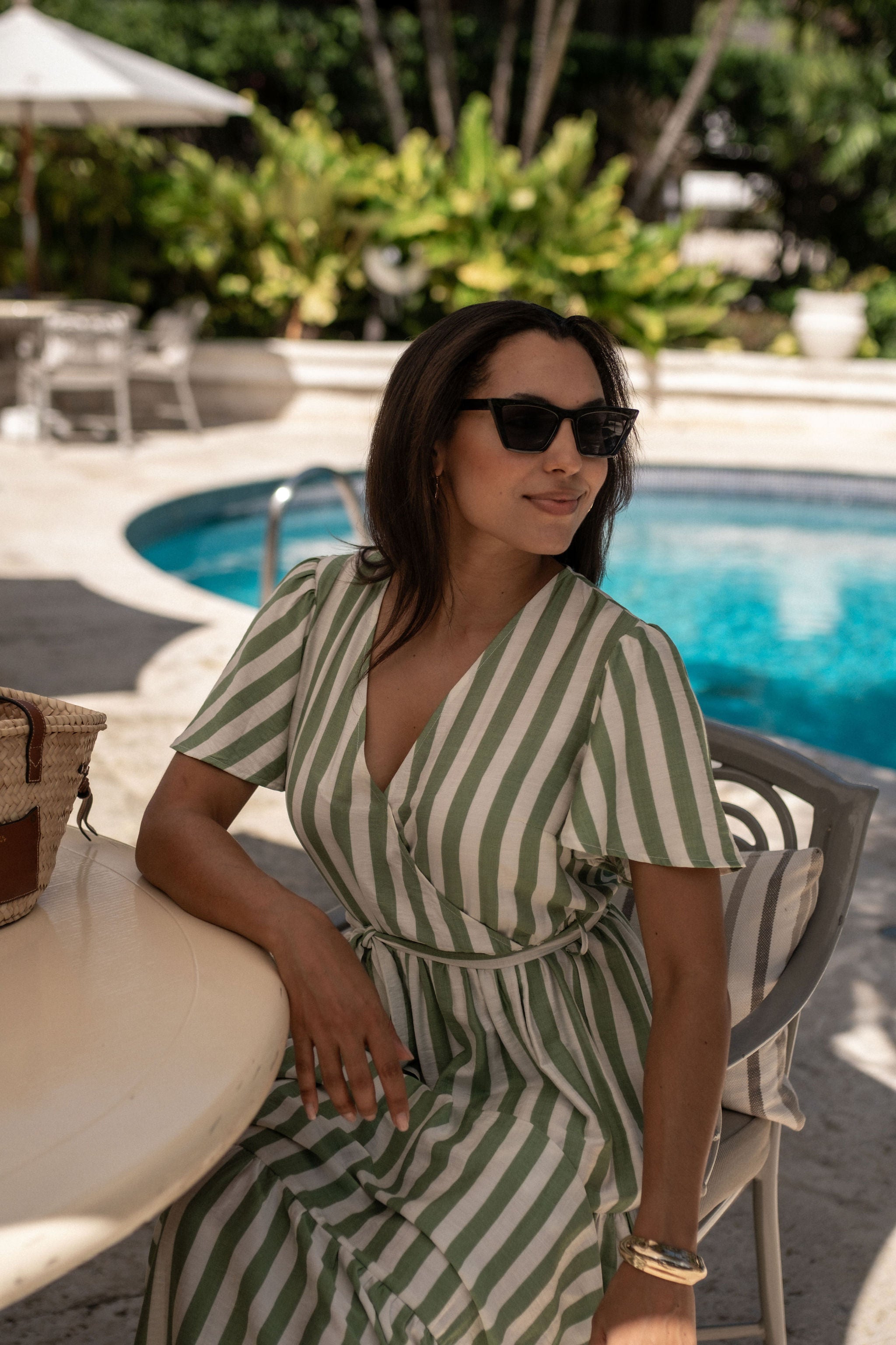 Sage Green Stripe Wrap Belted Viscose Midi Dress