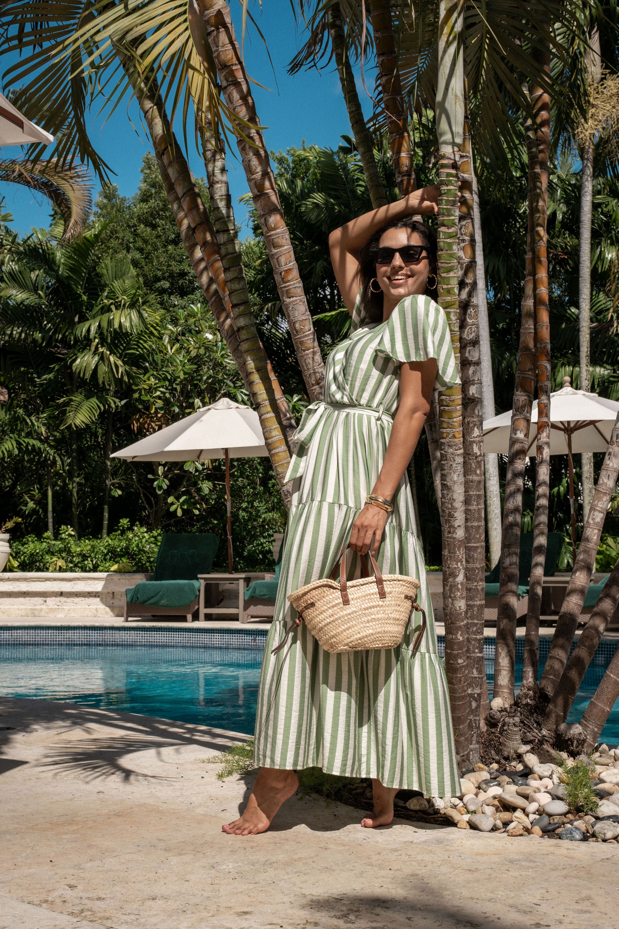 Sage Green Stripe Wrap Belted Viscose Midi Dress
