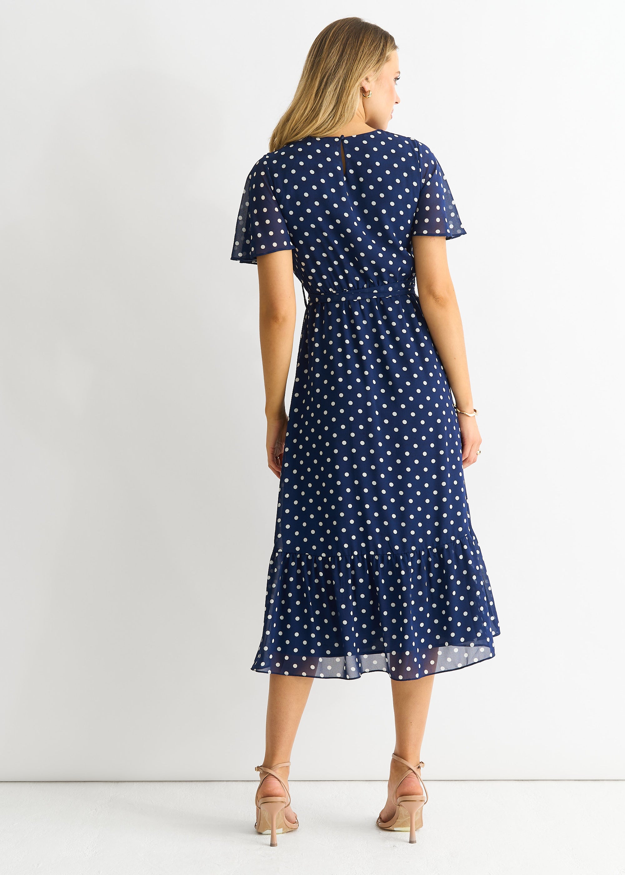 Navy Spot Chiffon Angel Sleeves Midi Dress