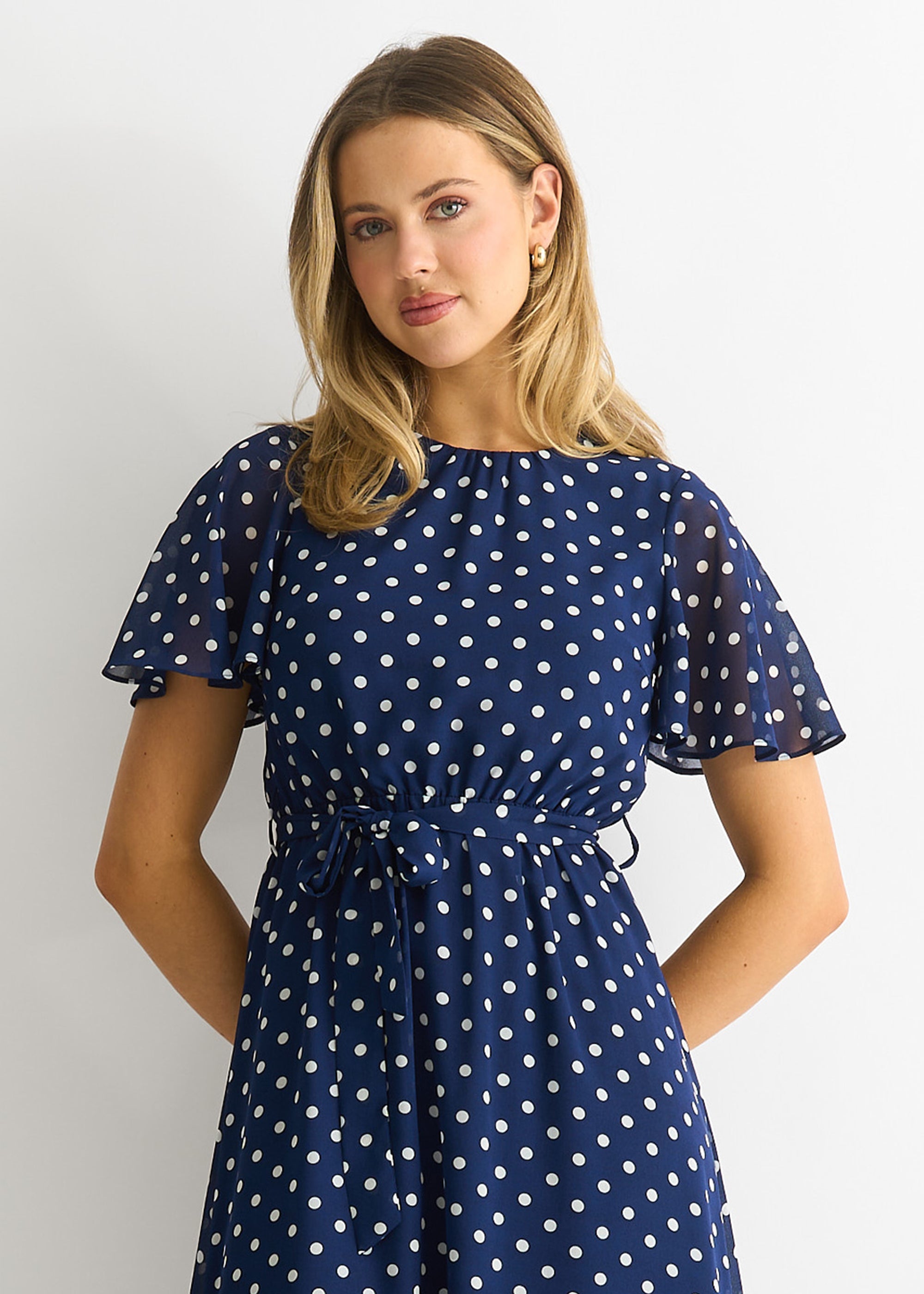 Navy Spot Chiffon Angel Sleeves Midi Dress
