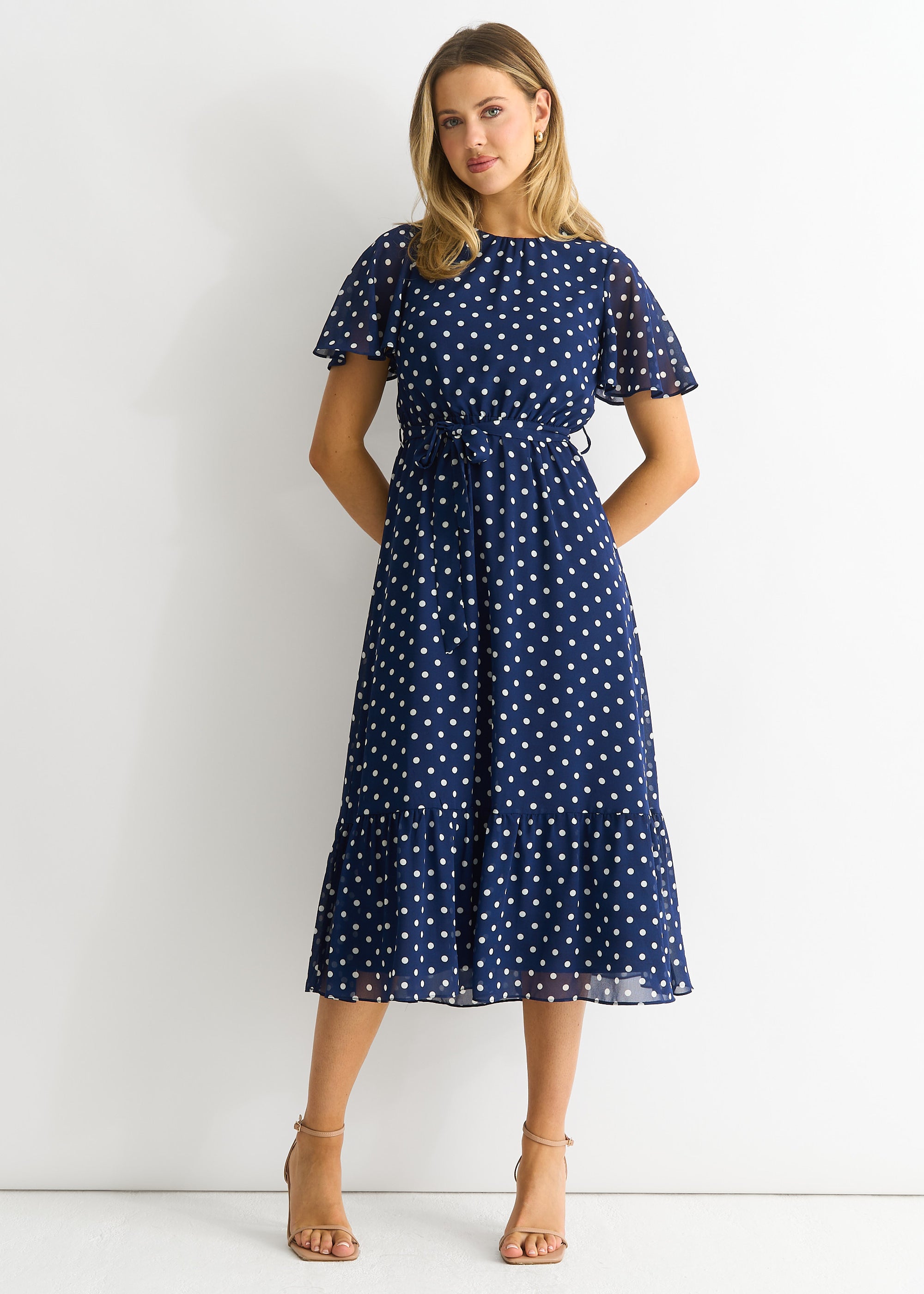 Navy Spot Chiffon Angel Sleeves Midi Dress