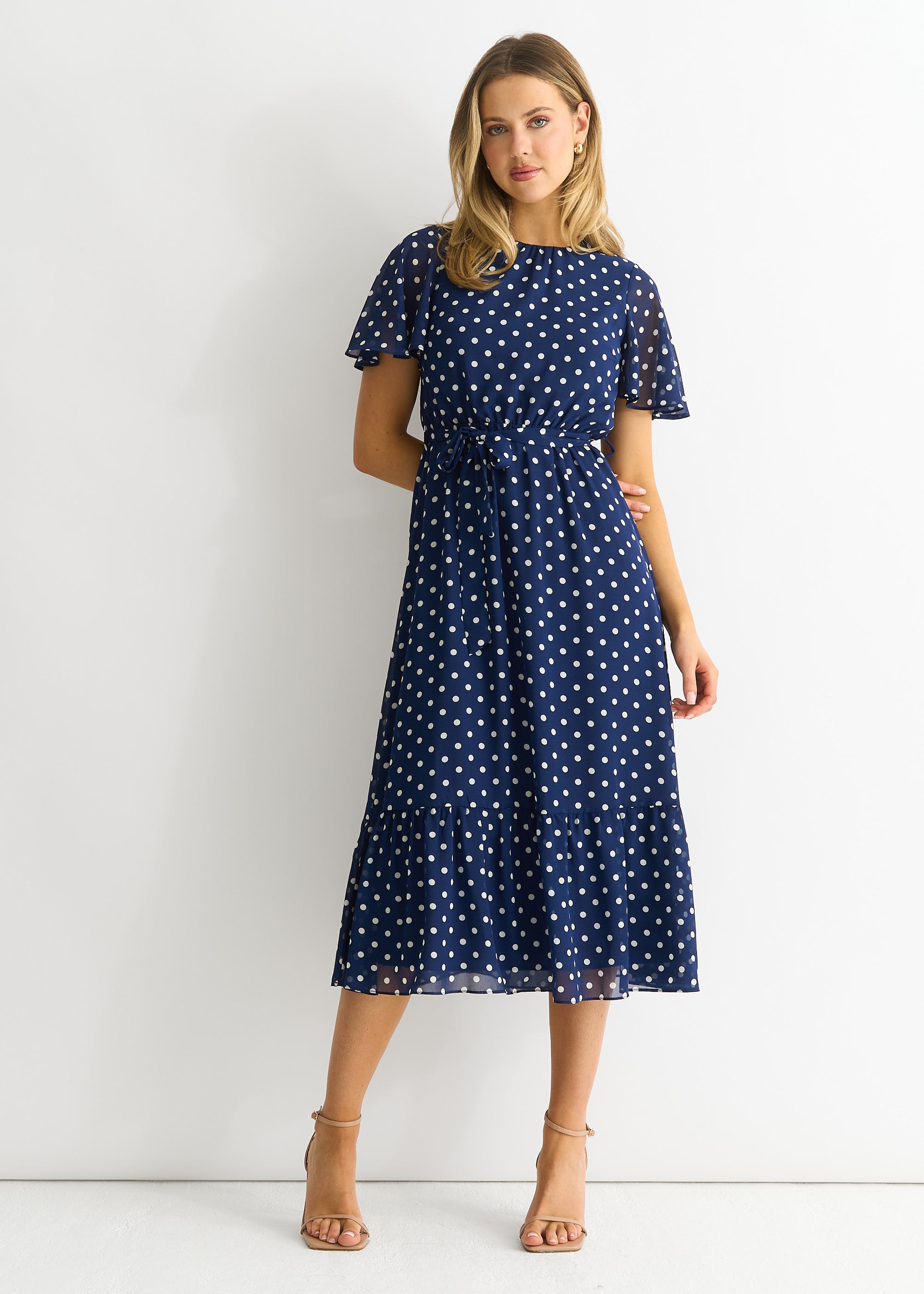 Navy Spot Chiffon Angel Sleeves Midi Dress
