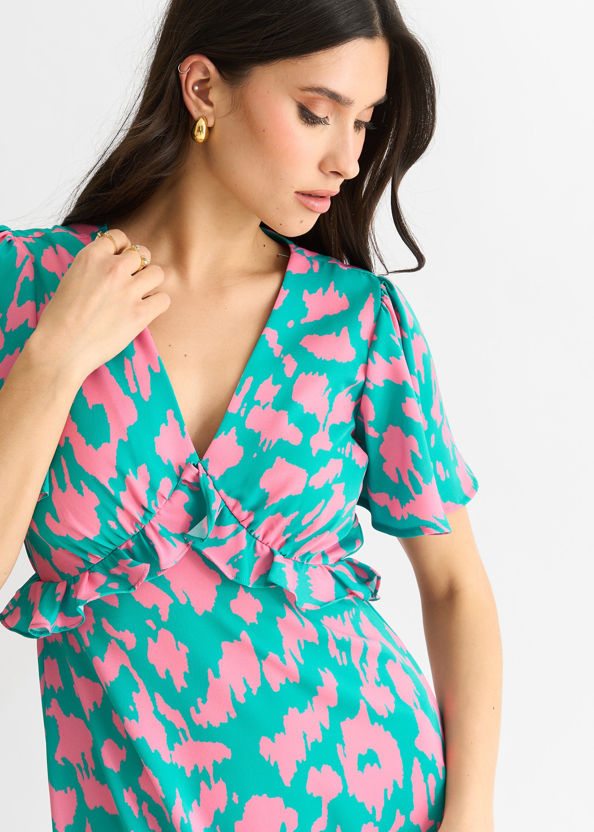 Green Animal Print V Neck Ruffle Midi Dress