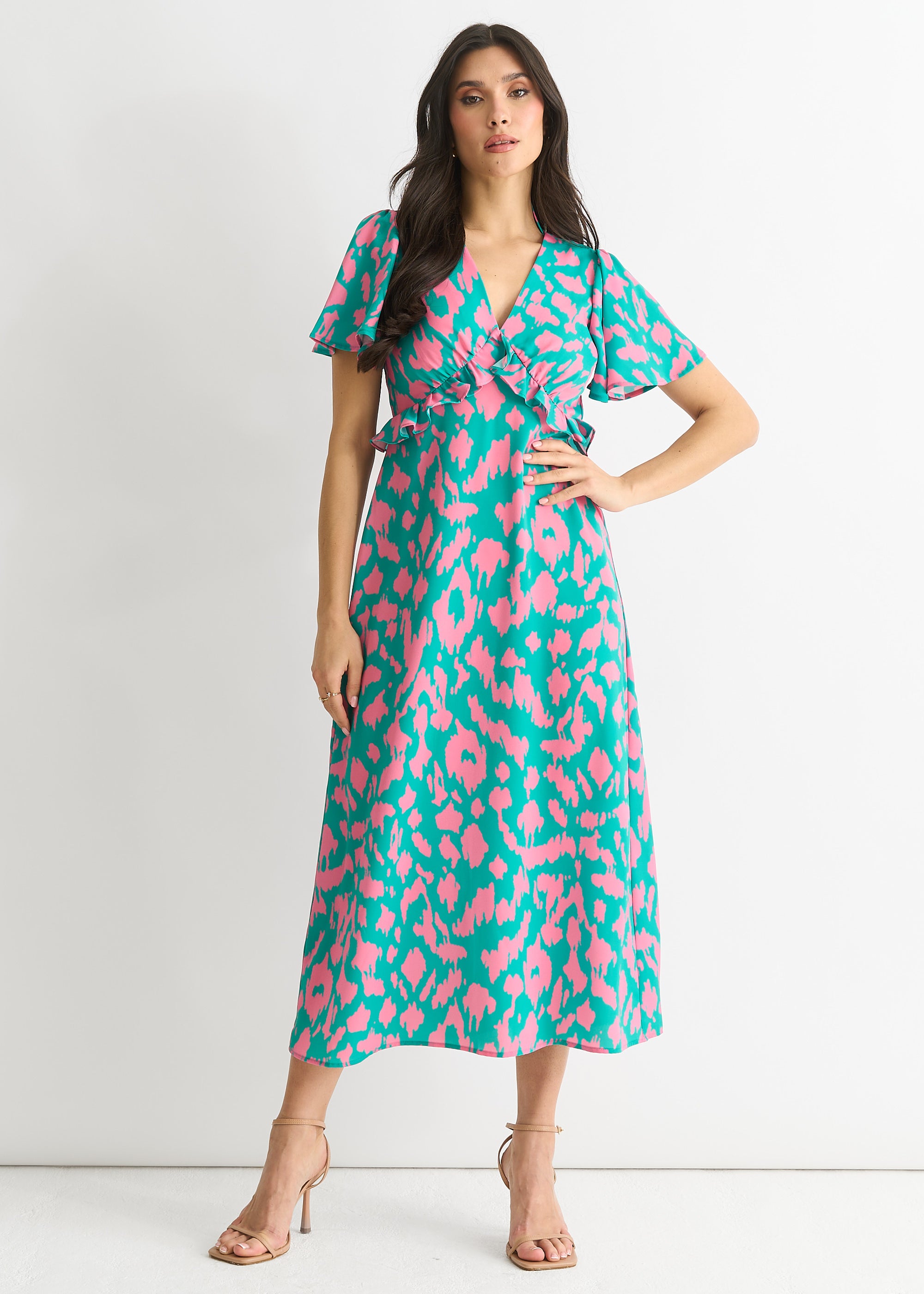 Green Animal Print V Neck Ruffle Midi Dress