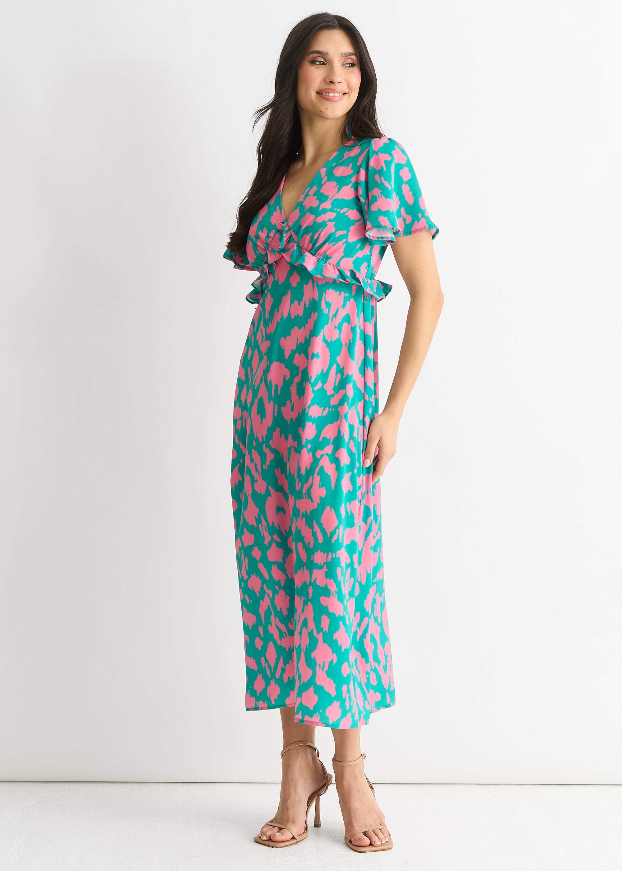 Green Animal Print V Neck Ruffle Midi Dress