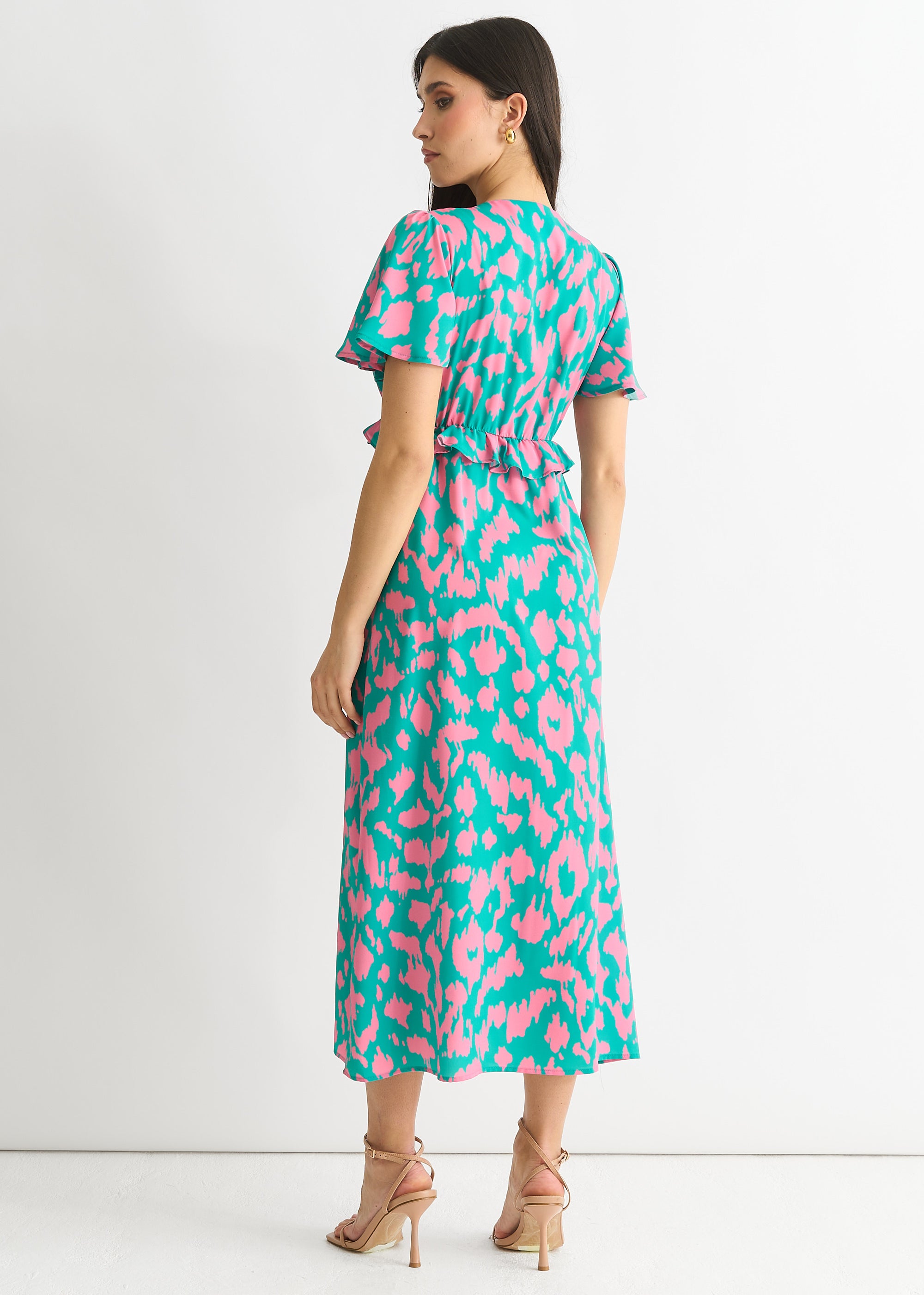 Green Animal Print V Neck Ruffle Midi Dress