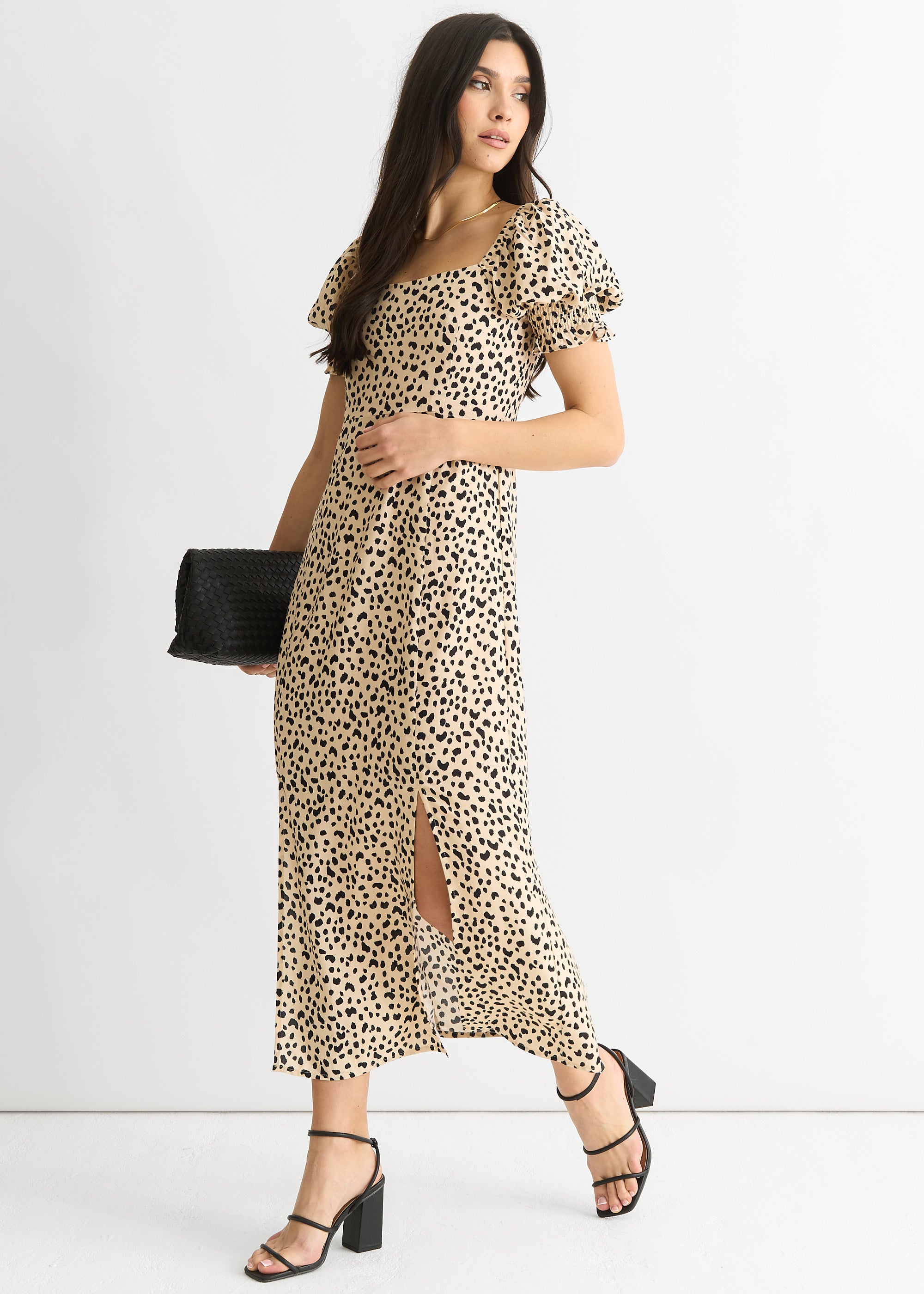 Beige Animal Printed Split Viscose Midi Dress