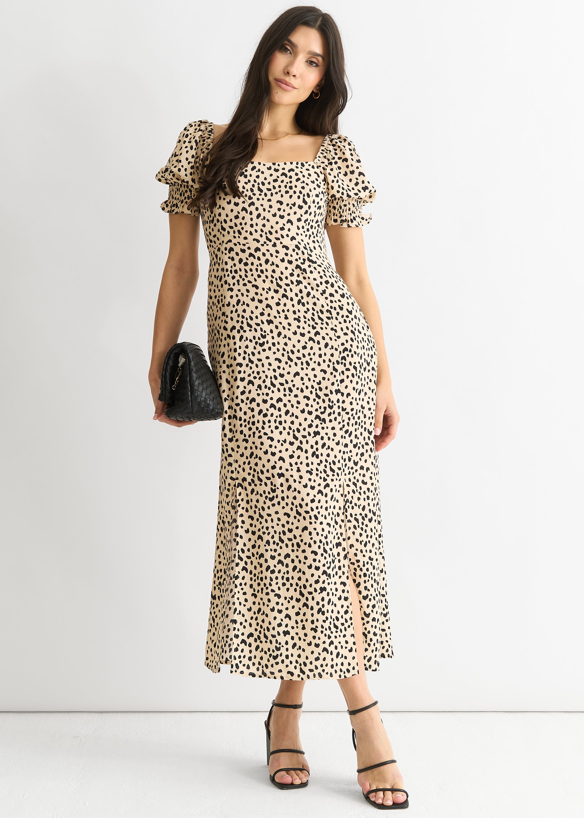 Beige Animal Printed Split Viscose Midi Dress