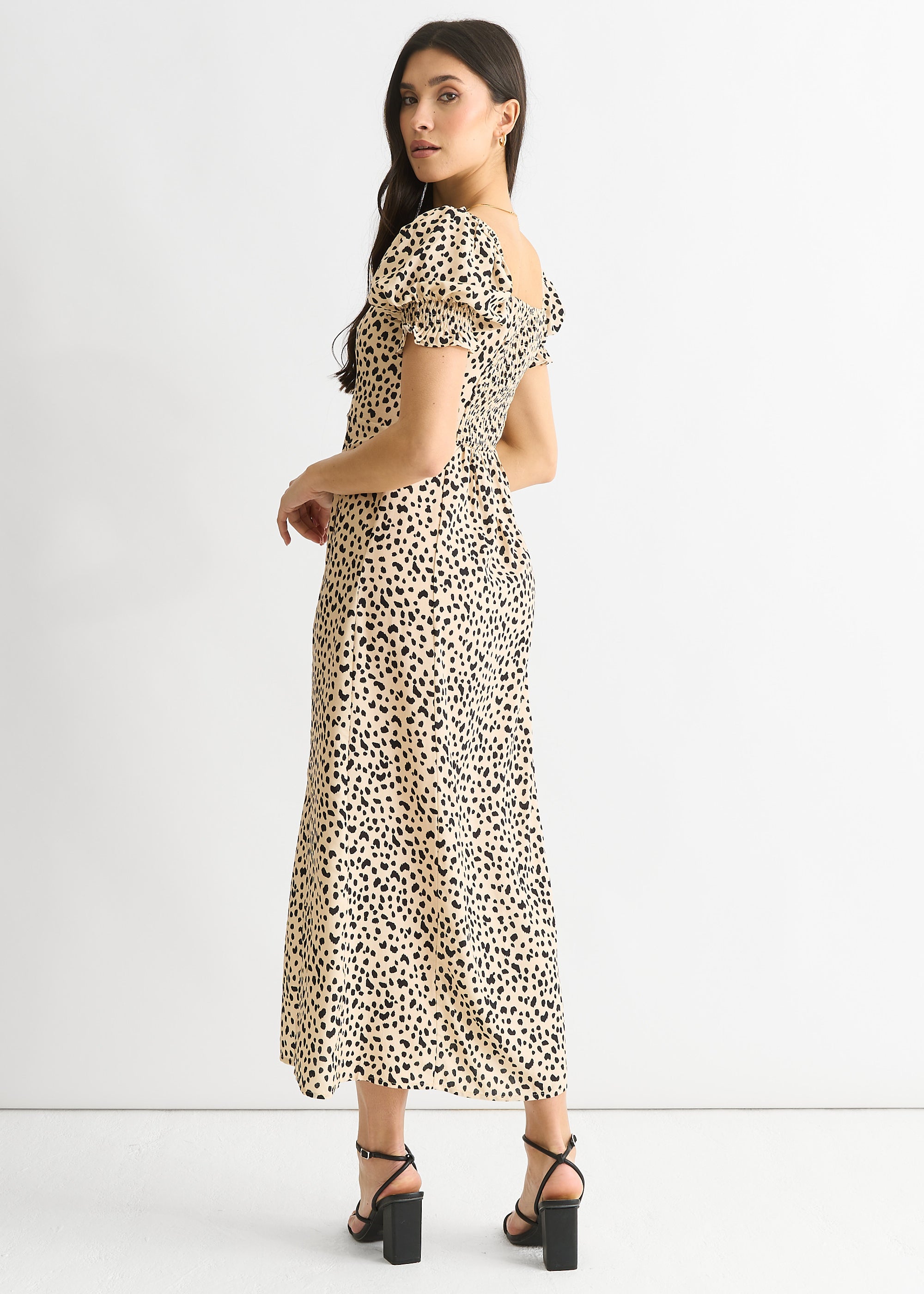Beige Animal Printed Split Viscose Midi Dress