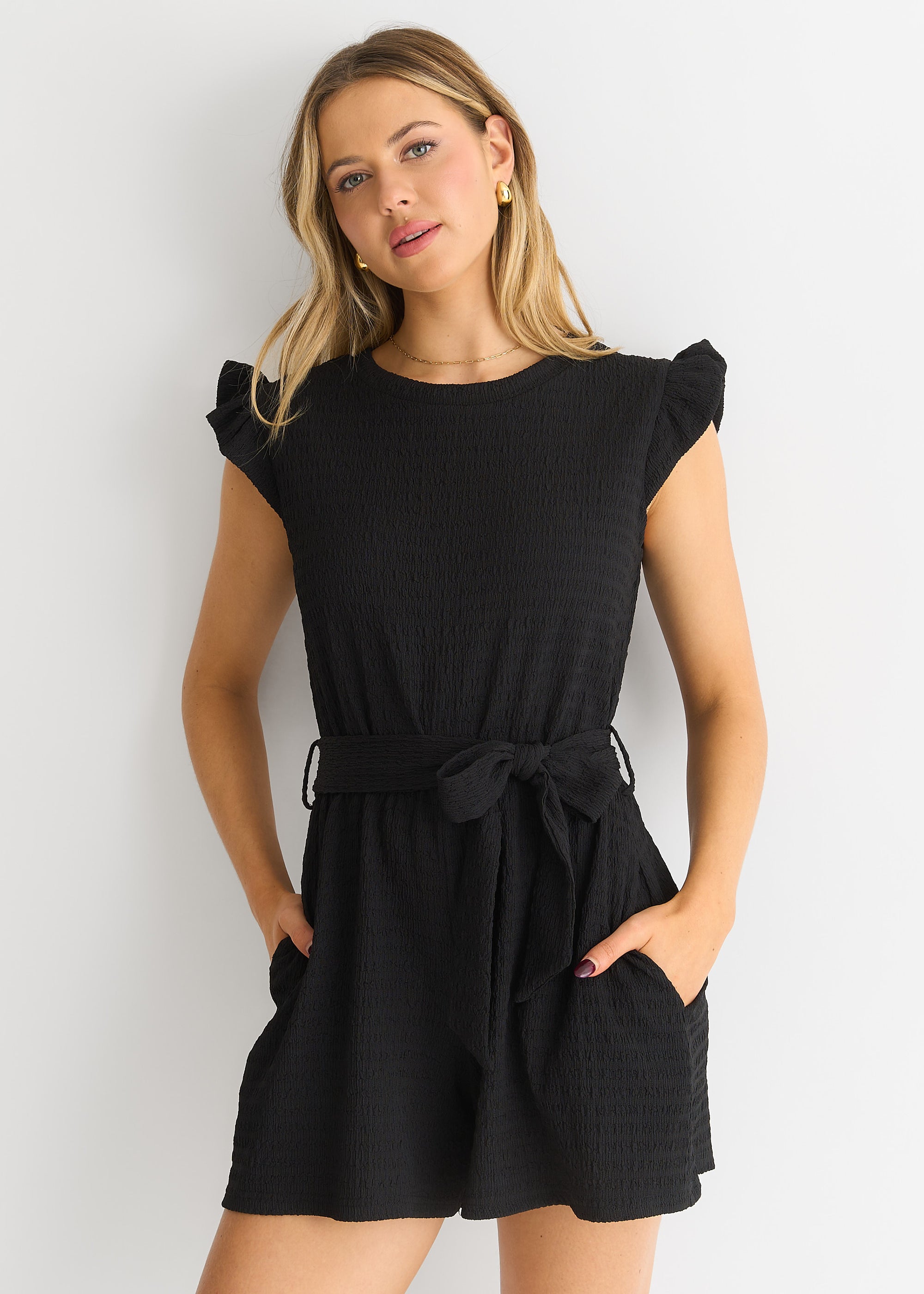 Black Stretch Texture Frill Elasticated Waist Playsuit
