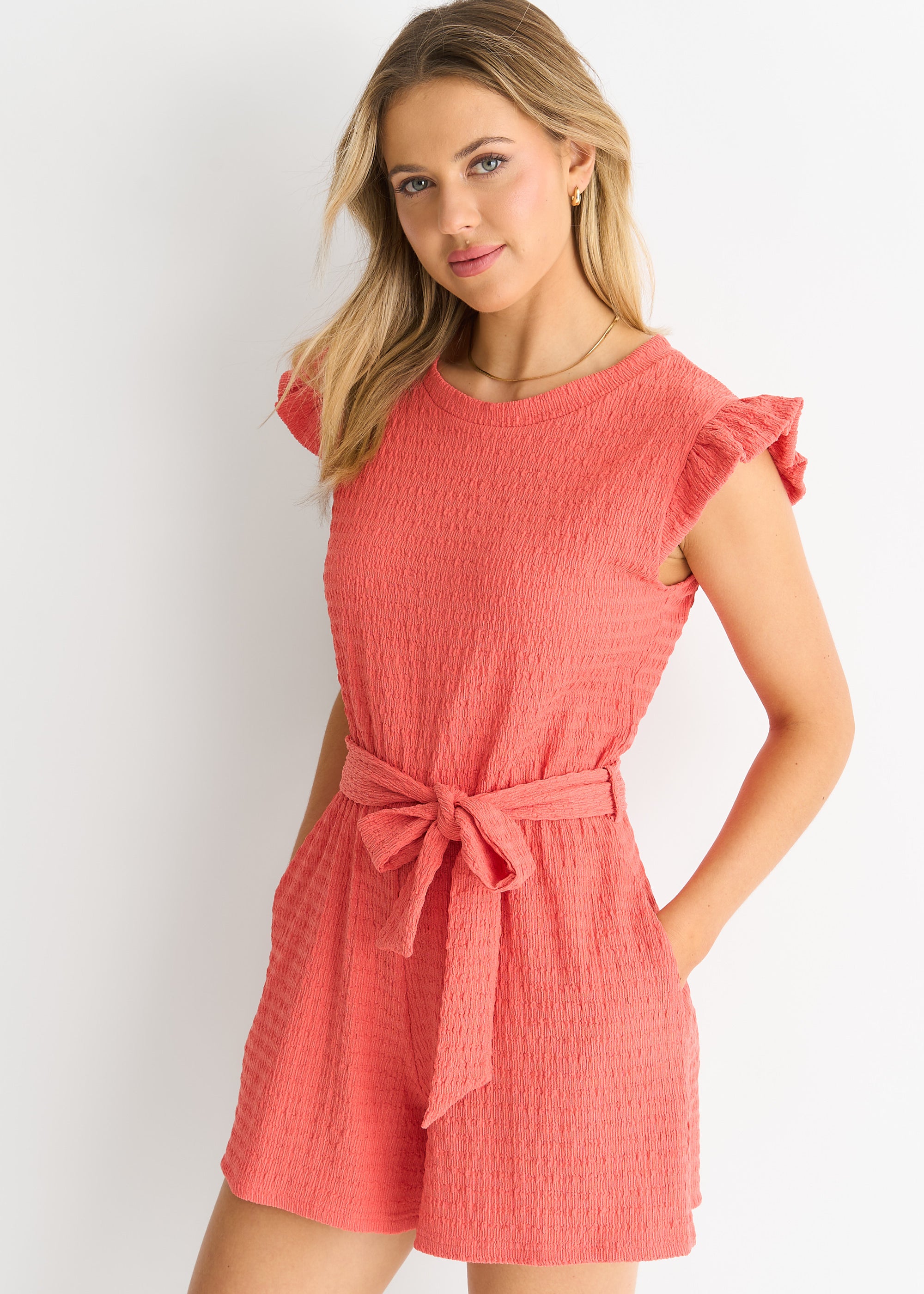 Coral Stretch Texture Frill Elasticated Waist Playsuit